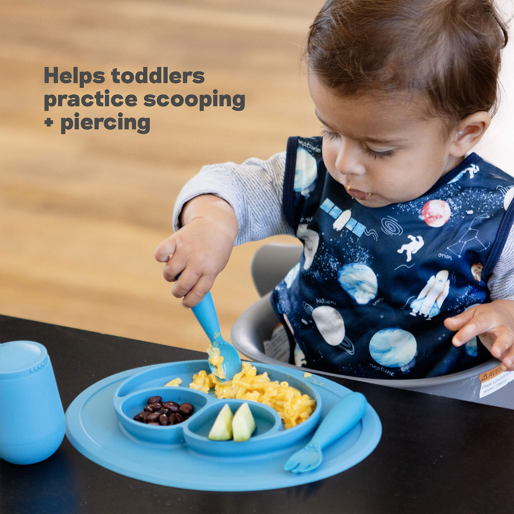 ezpz Developmental Utensil Set helps toddlers practice scooping and piercing