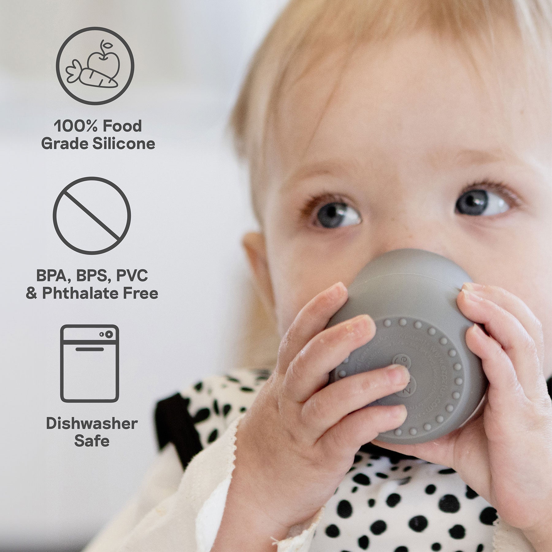 The Tiny Cup by ezpz is made of 100% food grade silicone, is BPA free, and dishwasher safe