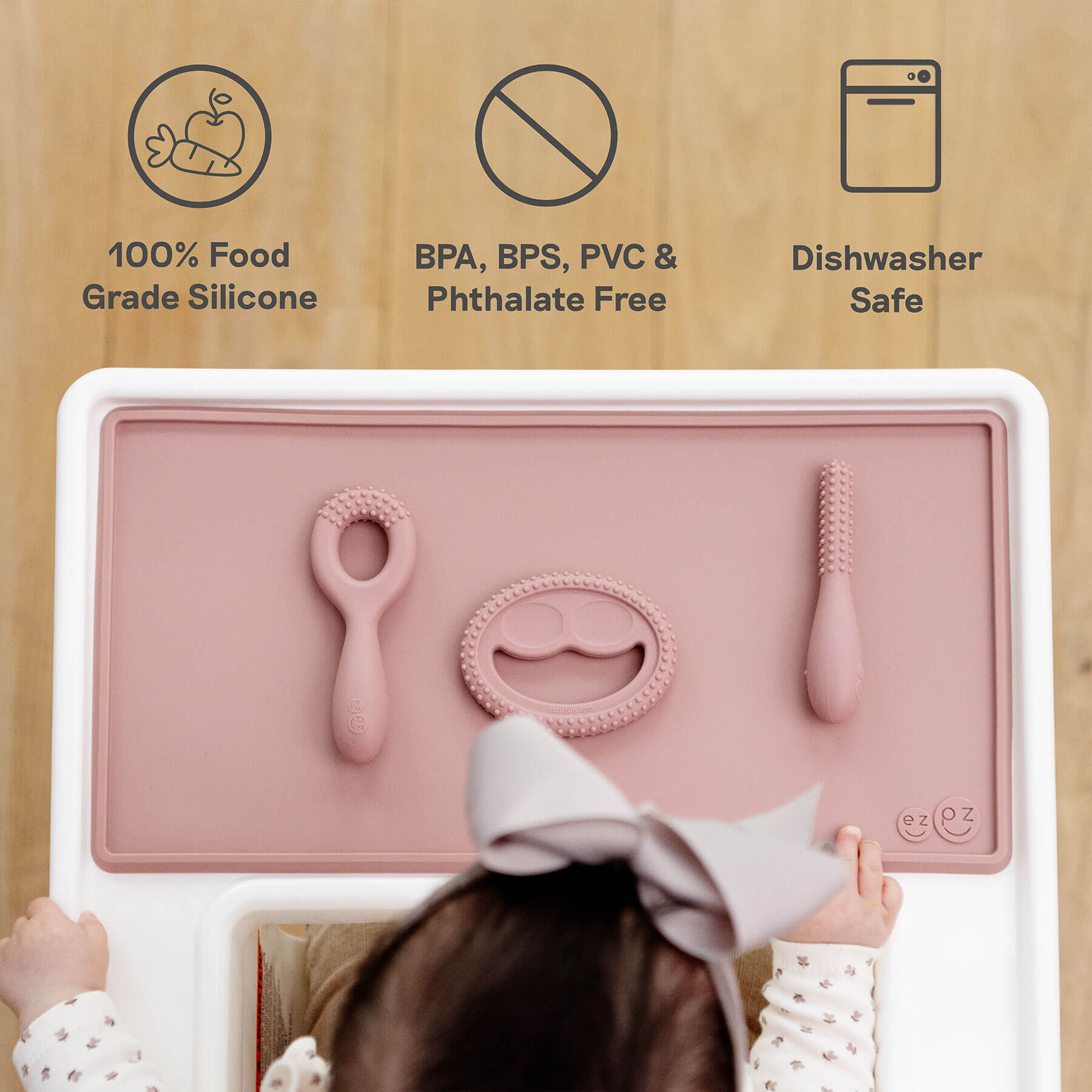 Oral Development Tools by ezpz are made of 100% food grade silicone, are BPA, BPS, PVC and phthalate free, and are dishwasher safe
