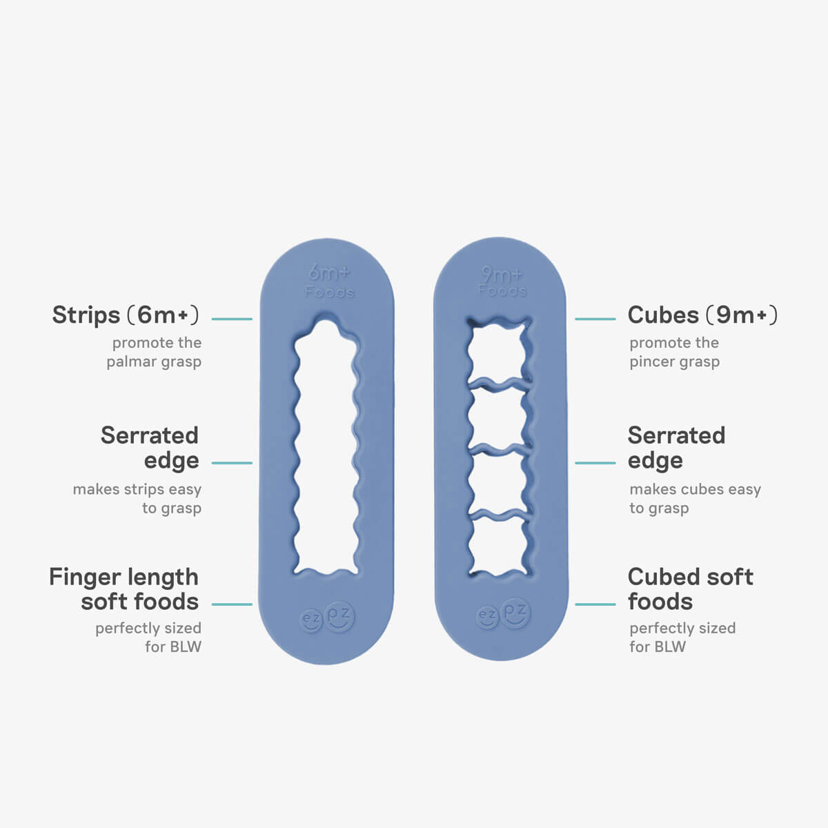 ezpz Baby-Led Weaning Food Cutters in Indigo Blue / 6 months and 9 months feeding milestones