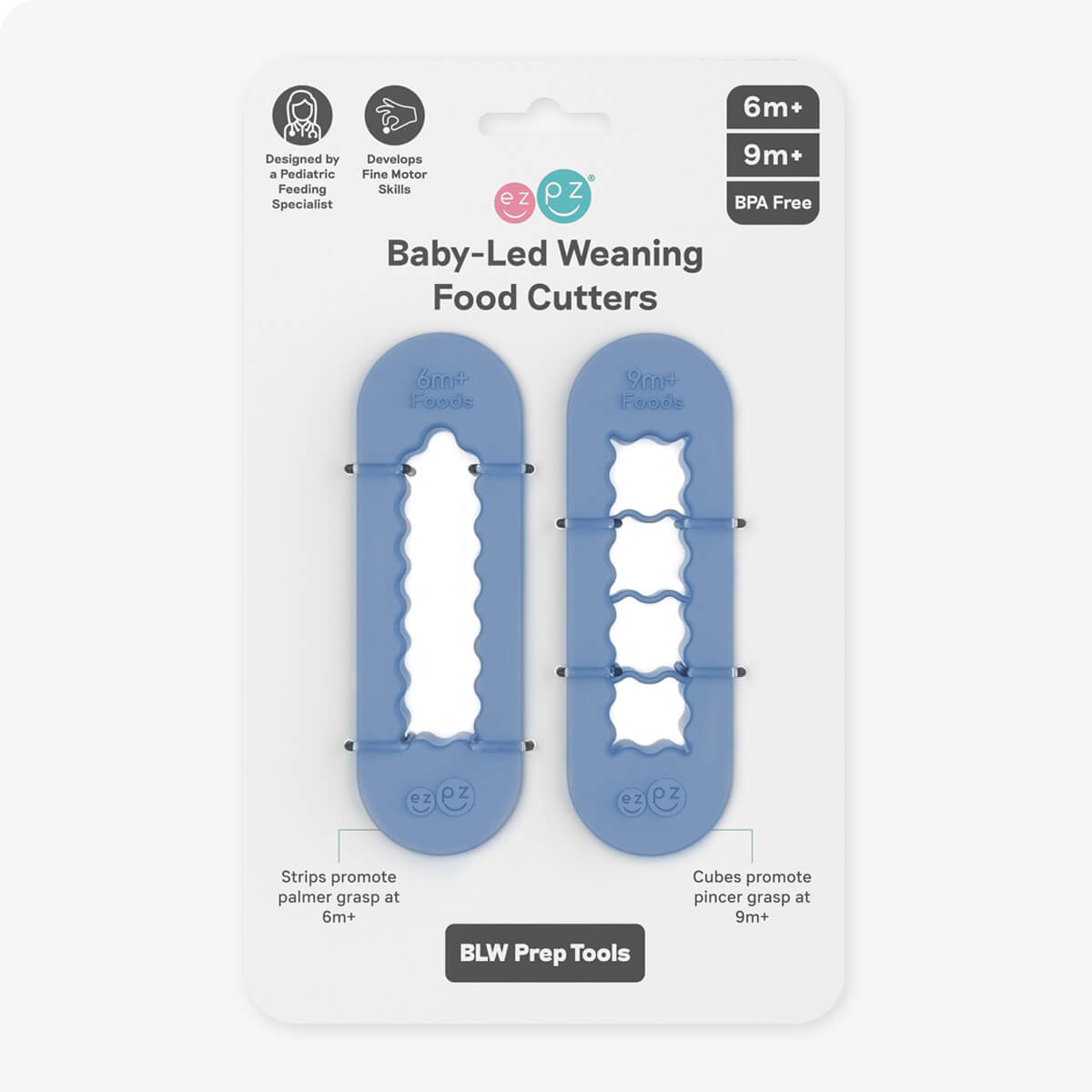 ezpz Baby-Led Weaning Food Cutters in Indigo Blue / 6 months and 9 months feeding milestones