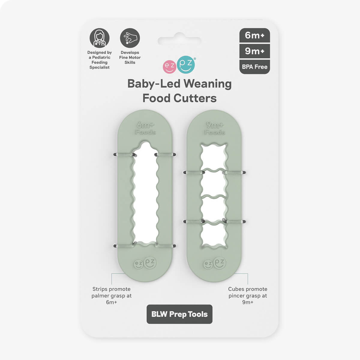 ezpz Baby-Led Weaning Food Cutters in Sage Green / 6 months and 9 months feeding milestones #color_sage