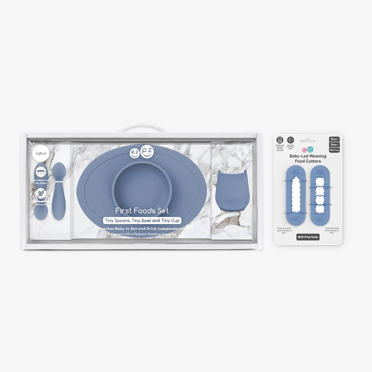 ezpz First Foods Set in Indigo Blue and Baby Led Food Cutters Bundle