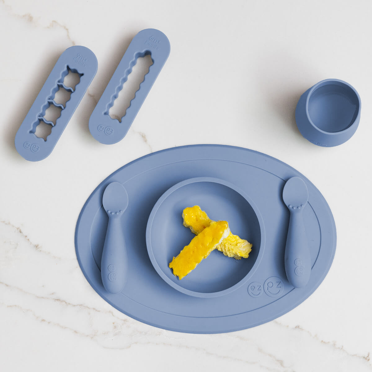 ezpz First Foods Set in Indigo Blue and Baby Led Food Cutters Bundle
