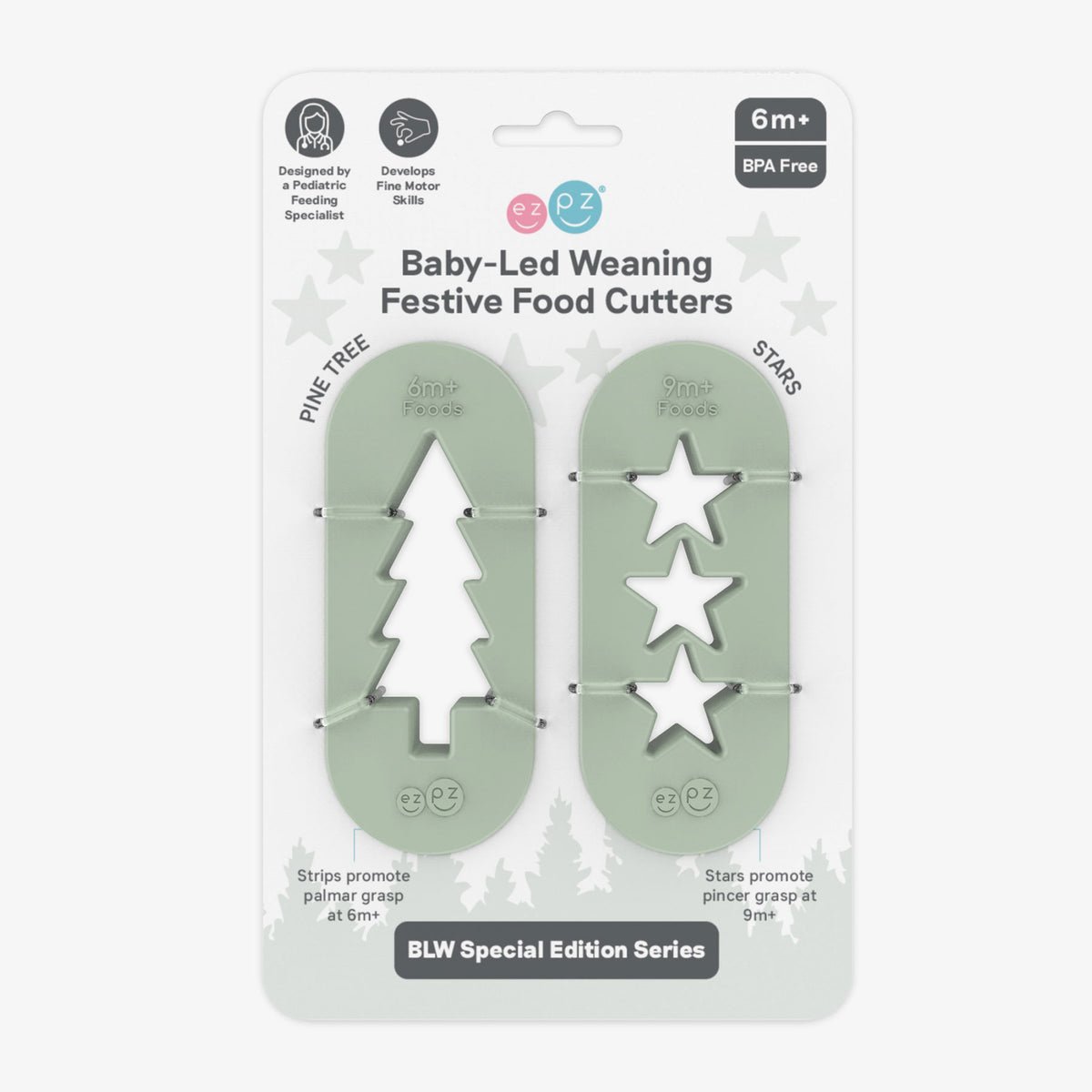ezpz Baby-Led Weaning Festive Food Cutters to cut baby food into star and tree shapes Christmas-themed