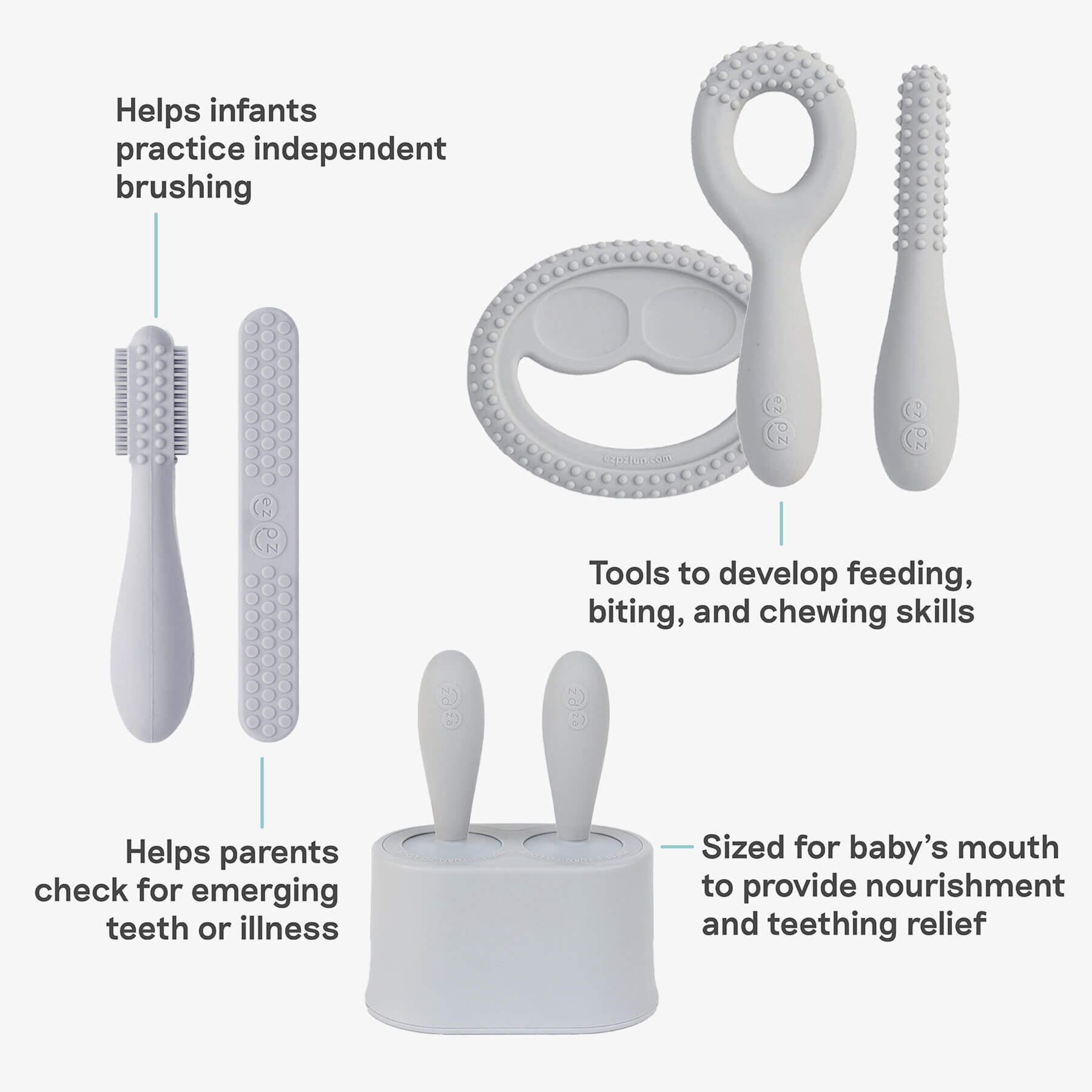ezpz Developmental Kit Stage 1 in Pewter Gray / ezpz Baby-Led™ Toothbrush + Sensory Tongue Depressor Dual Pack, Tiny Pops and Oral Development Tools