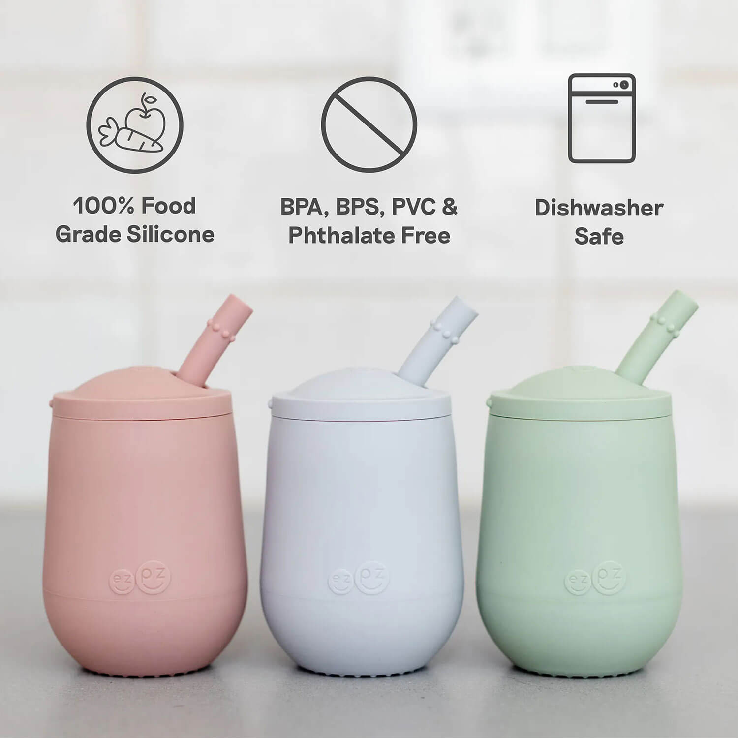 Mini Cup + Straw Training System by ezpz is made of 100% food grade silicone, is PA, BPS, PVC and phthalate free, and dishwasher safe