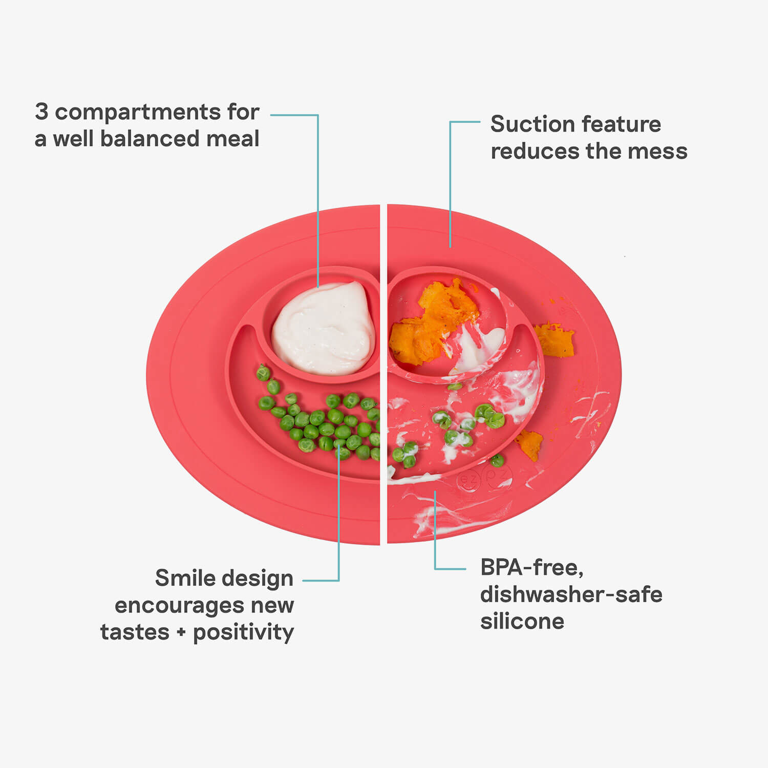The Mini Mat in Coral Pink by ezpz / Self-Suctioning Silicone Plate + Placemat