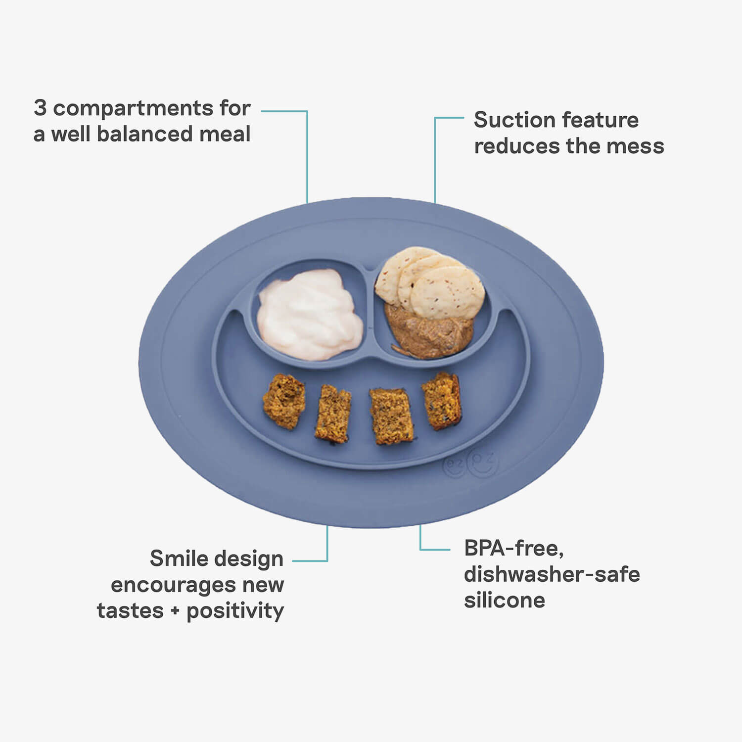 The Mini Mat in Indigo Blue by ezpz / Self-Suctioning Silicone Plate + Placemat