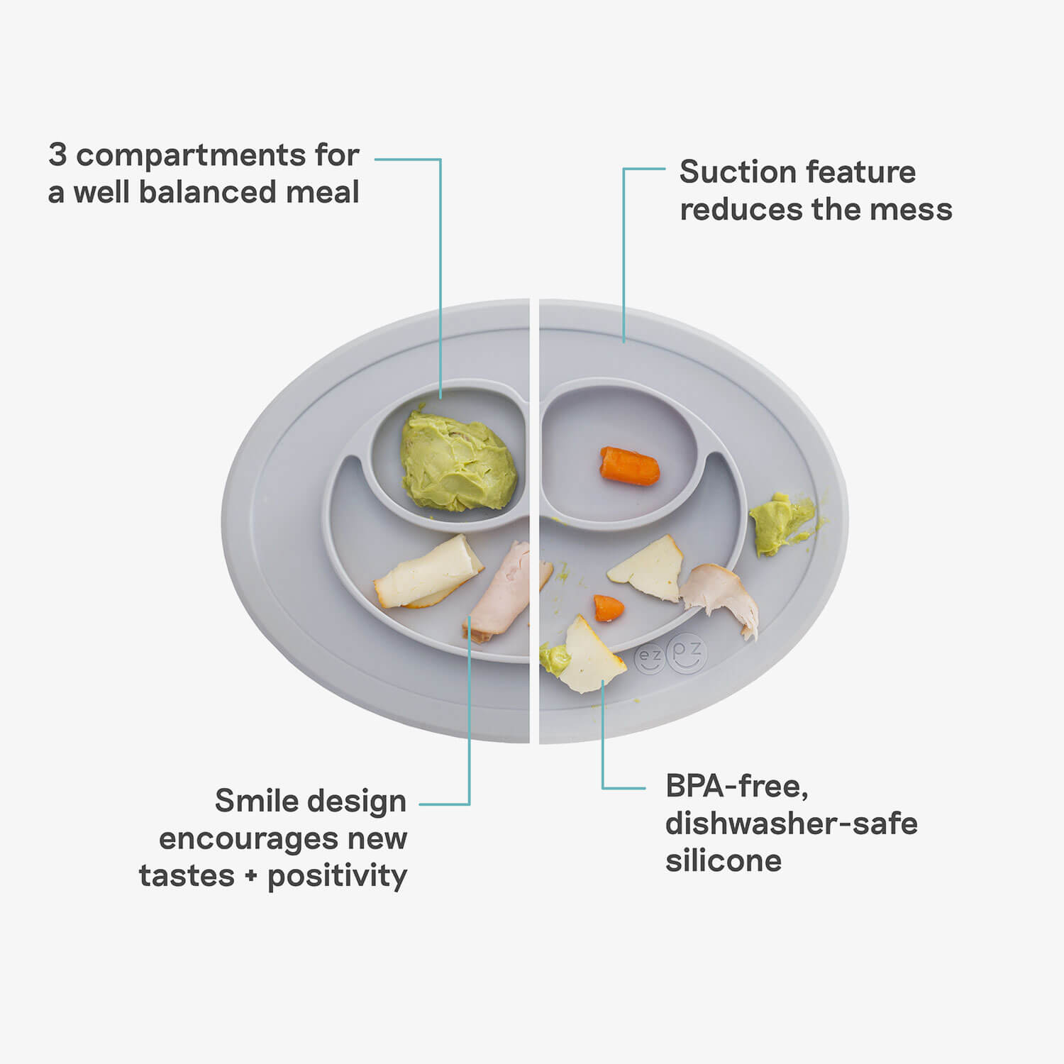 The Mini Mat in Pewter Gray by ezpz / Self-Suctioning Silicone Plate + Placemat #color_pewter