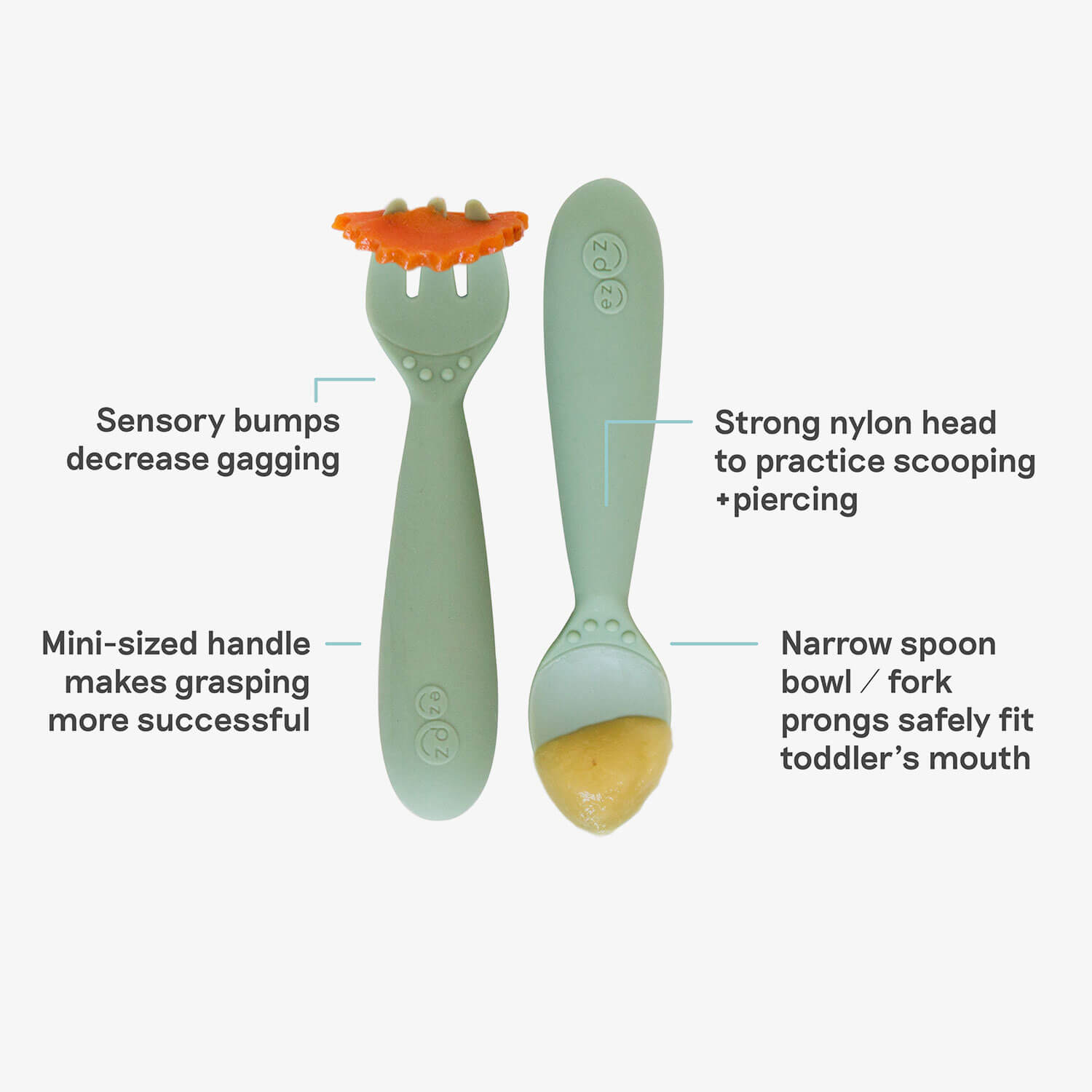 Mini Utensils in Sage Green by ezpz / Sensory Silicone Fork & Spoon for Toddlers