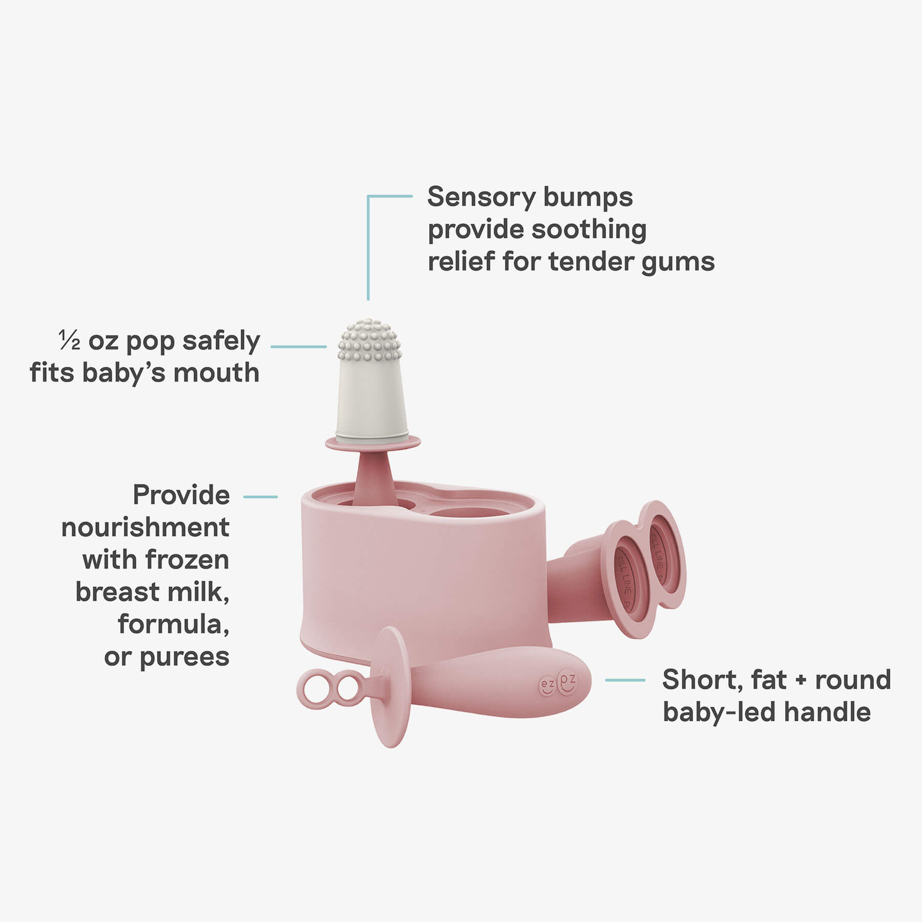 Tiny Pops by ezpz are blush pink silicone popsicle molds for breastmilk and formula, with a half ounce portion and sensory bumps for safety, including a fat round baby-led handle