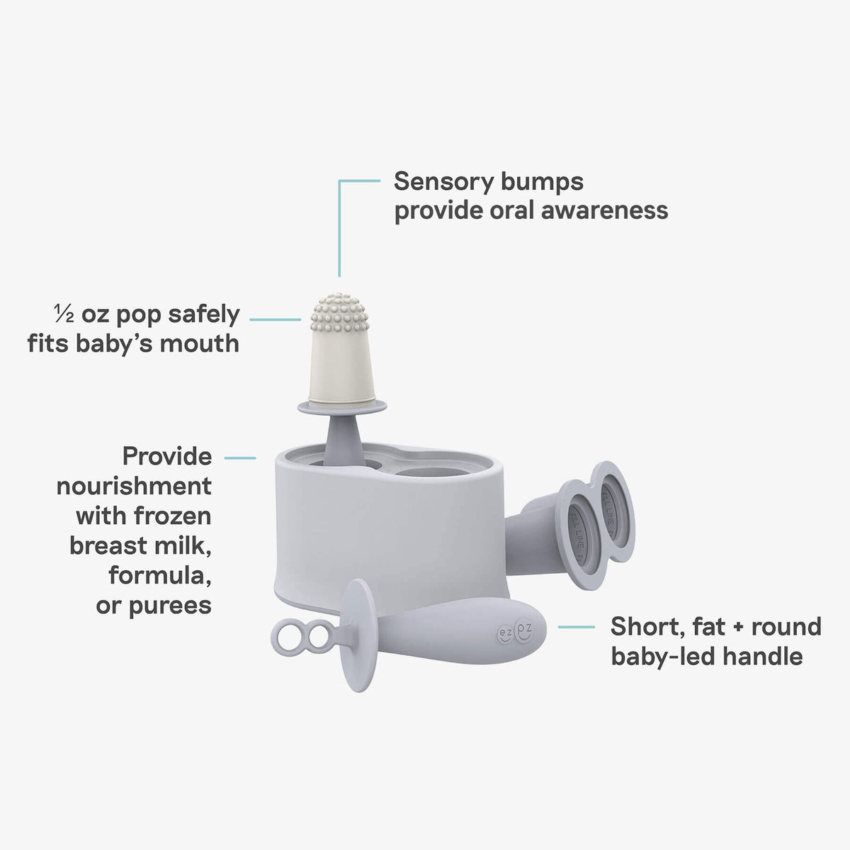 Tiny Pops by ezpz are pewter gray silicone popsicle molds for breastmilk and formula, with a half ounce portion and sensory bumps for safety, including a fat round baby-led handle