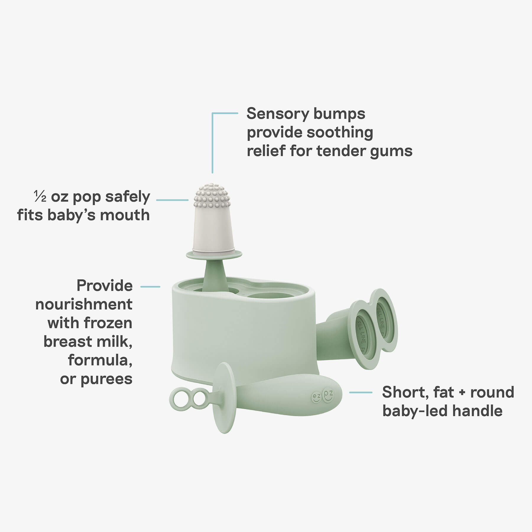 Tiny Pops by ezpz are sage green silicone popsicle molds for breastmilk and formula, with a half ounce portion and sensory bumps for safety, including a fat round baby-led handle