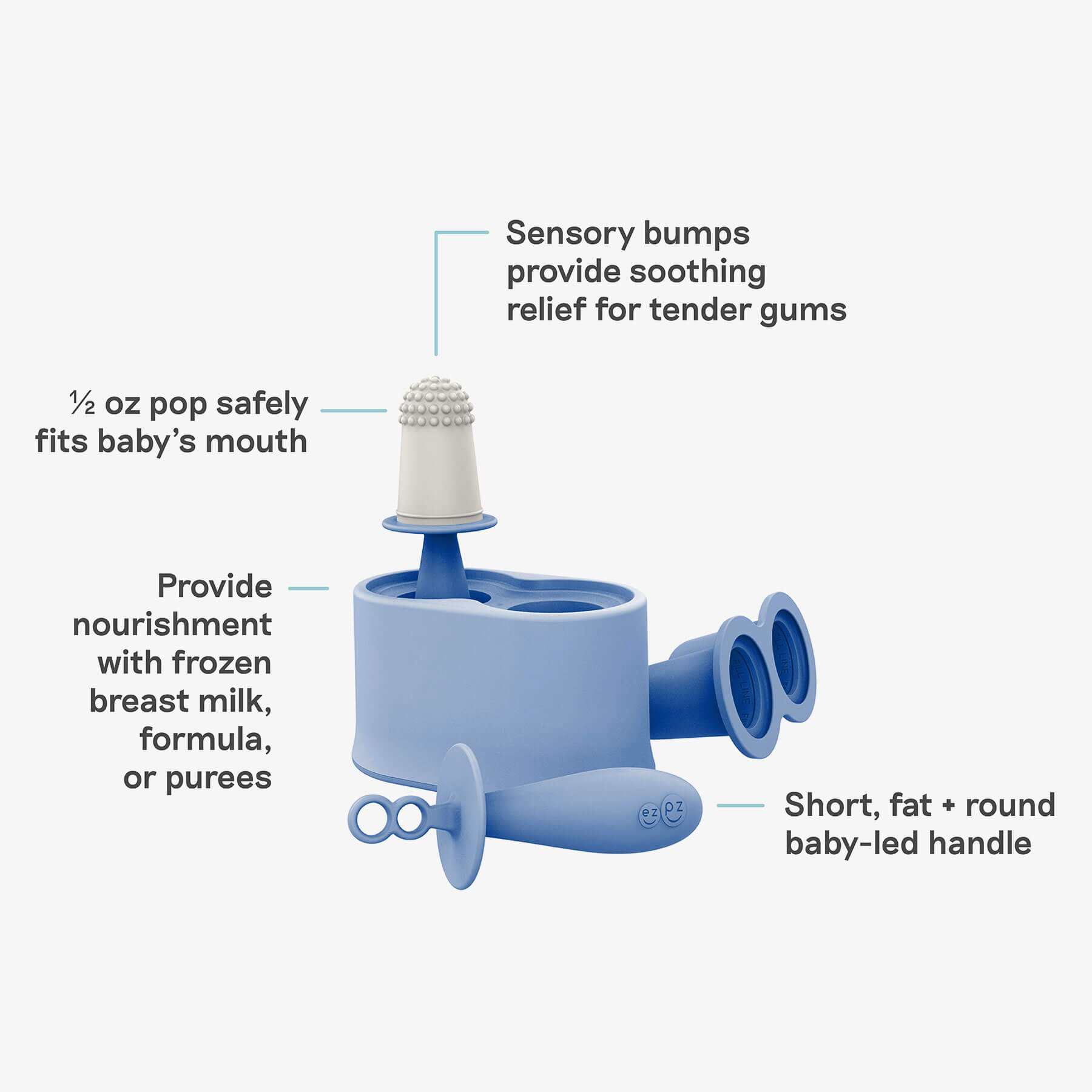 Tiny Pops by ezpz are indigo blue silicone popsicle molds for breastmilk and formula, with a half ounce portion and sensory bumps for safety, including a fat round baby-led handle
