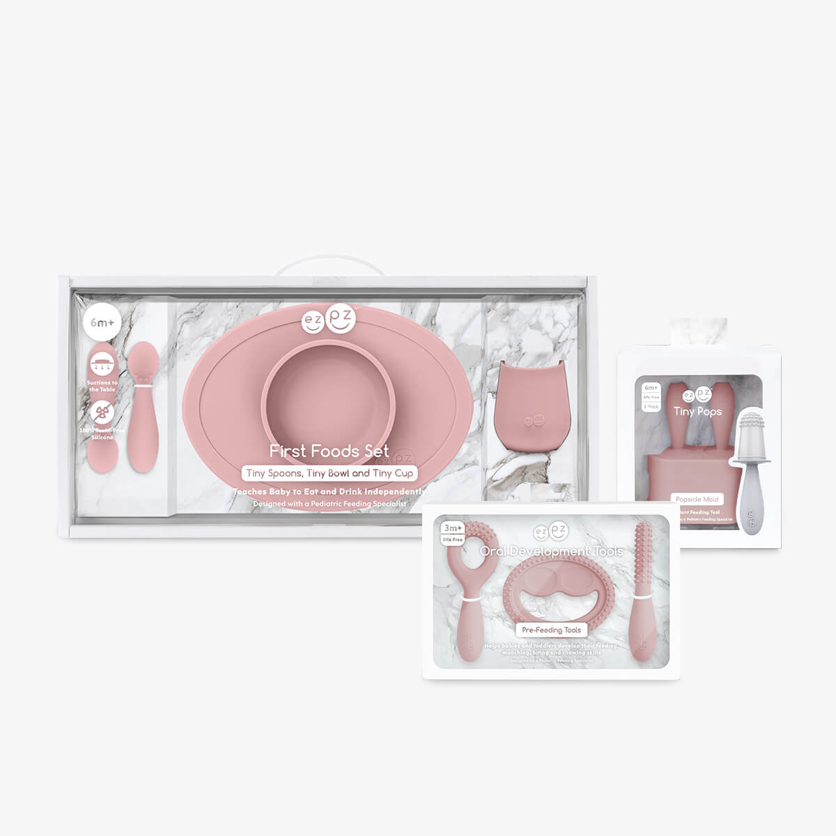 Ultimate Baby Shower Bundle in Blush Pink / ezpz First Foods Set, Tiny Pops and Oral Development Tools #color_blush