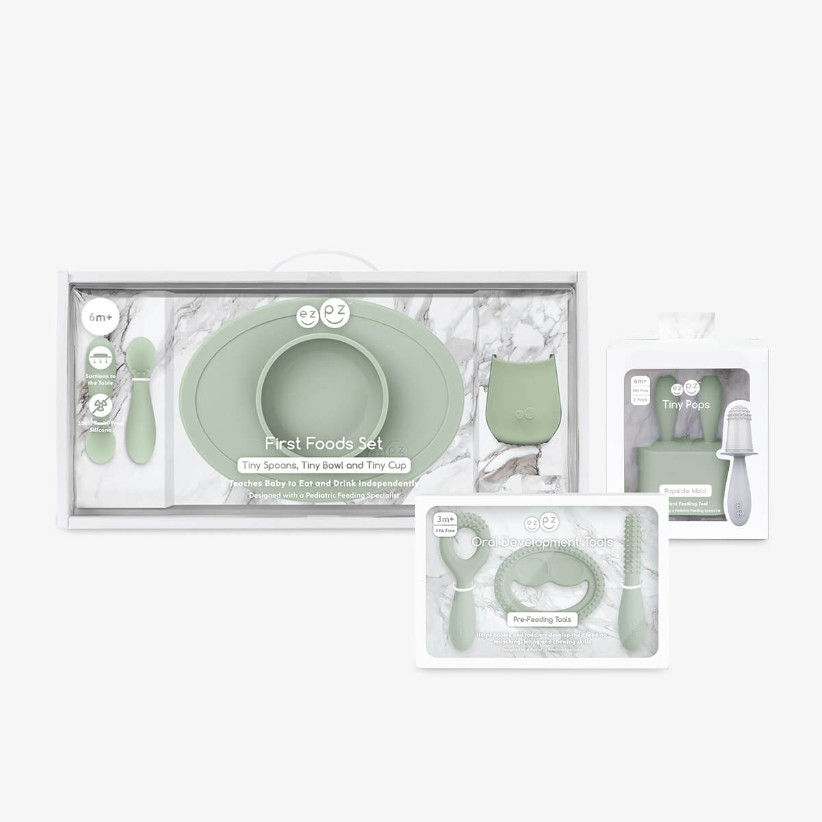 Ultimate Baby Shower Bundle in Sage Green / ezpz First Foods Set, Tiny Pops and Oral Development Tools