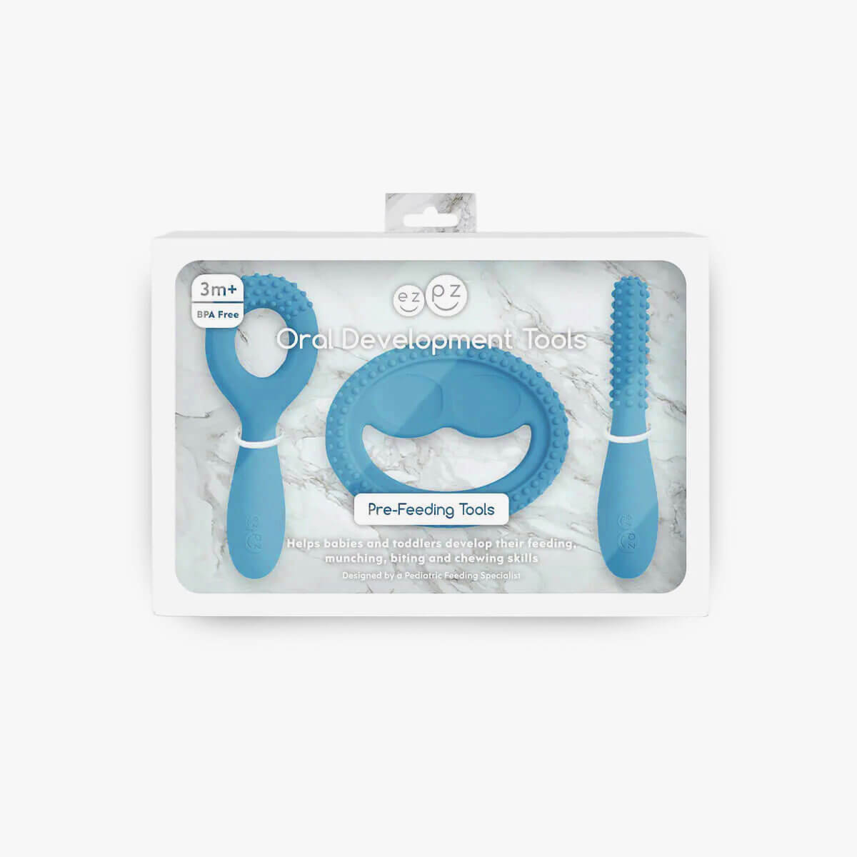 ezpz oral development tools in blue / silicone teethers for motor skill development