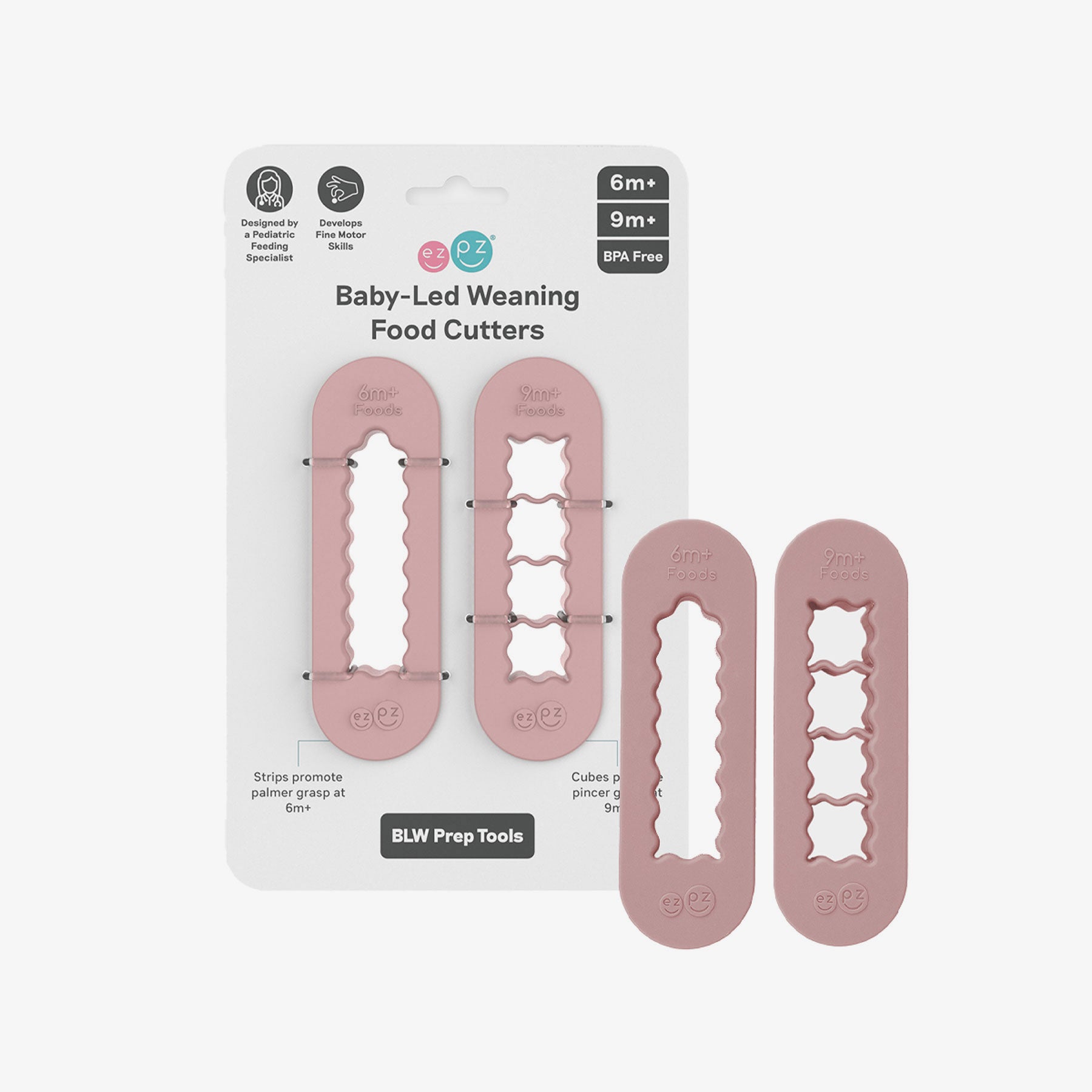 ezpz Baby-Led Weaning Food Cutters in Blush Pink / 6 months and 9 months feeding milestones