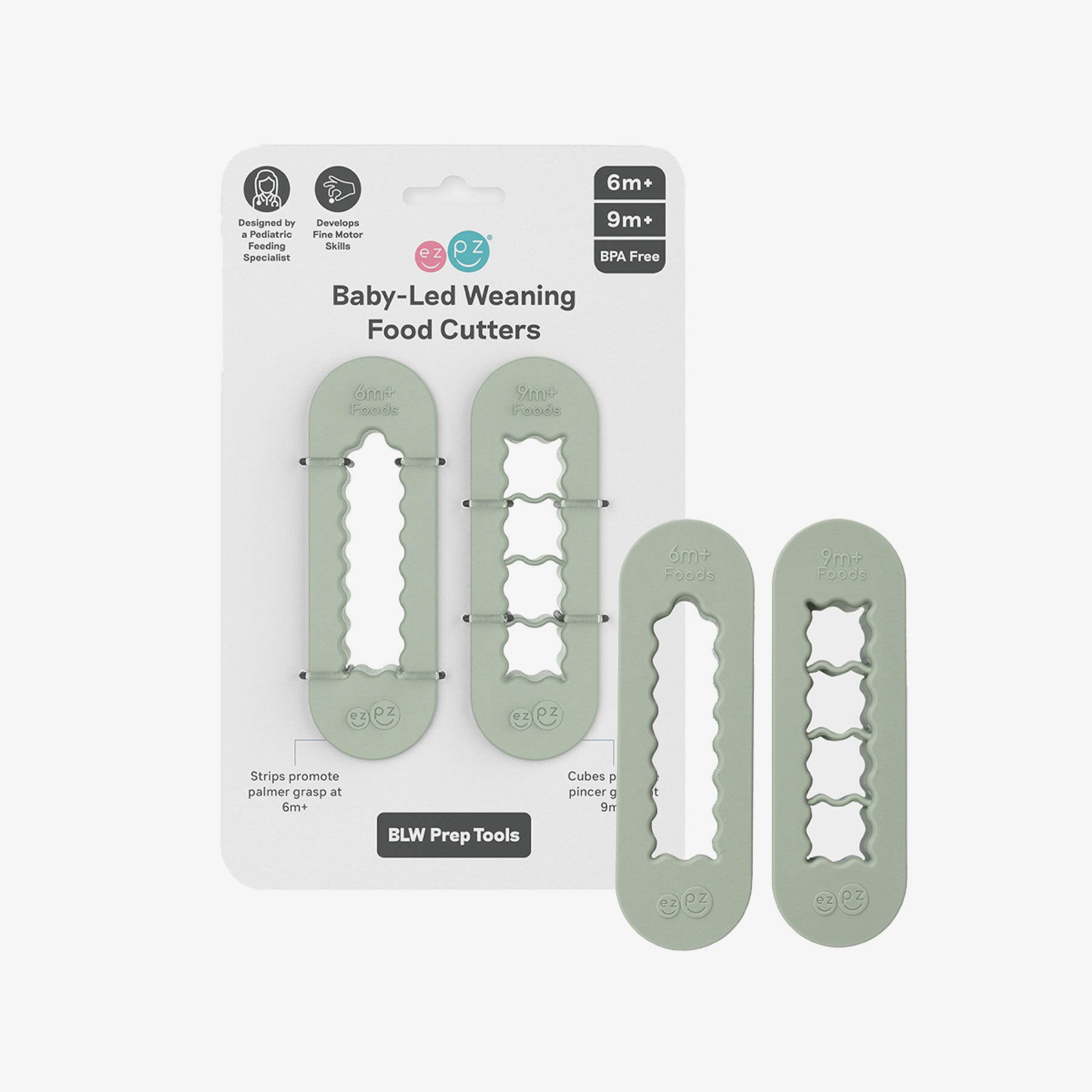 ezpz Baby-Led Weaning Food Cutters in Sage Green / 6 months and 9 months feeding milestones #color_sage