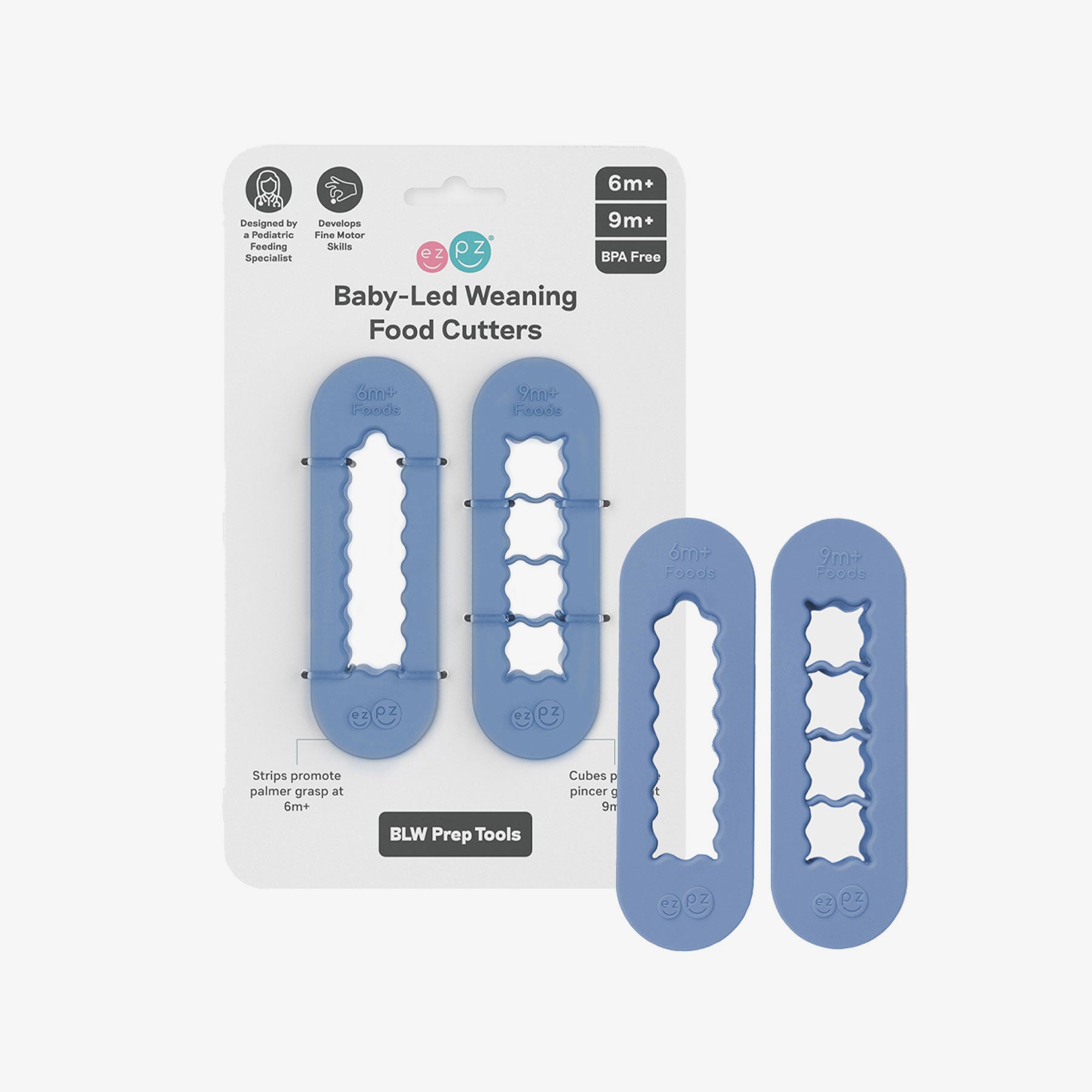 ezpz Baby-Led Weaning Food Cutters in Indigo Blue / 6 months and 9 months feeding milestones