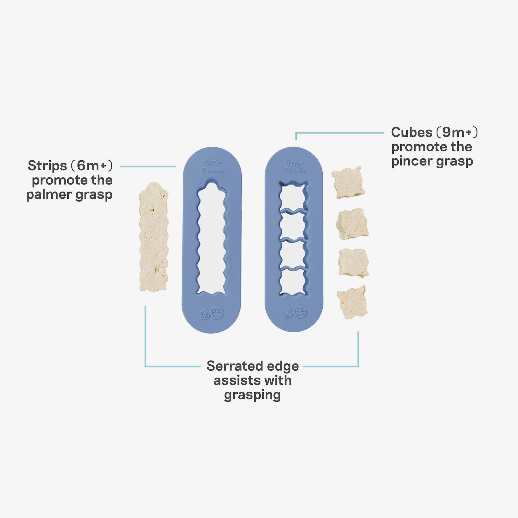 ezpz Baby-Led Weaning Food Cutters in Indigo Blue / 6 months and 9 months feeding milestones