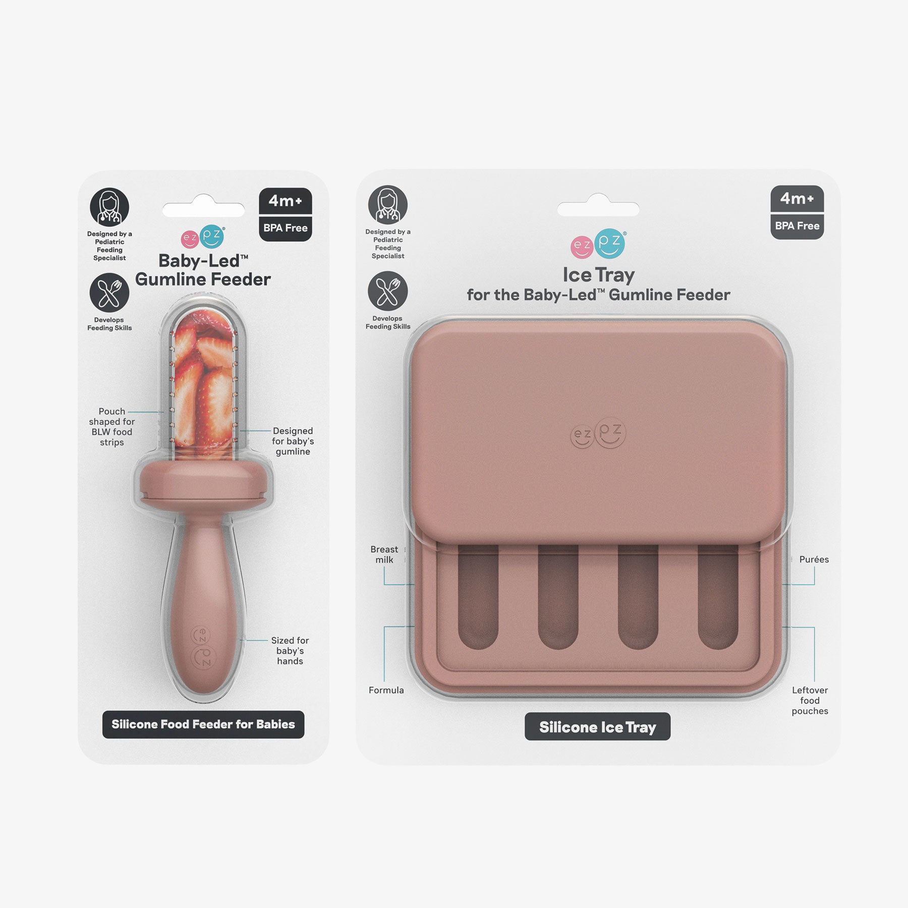 ezpz BLW Readiness Bundle in Blush Pink, includes the Gumline Feeder and Ice Tray