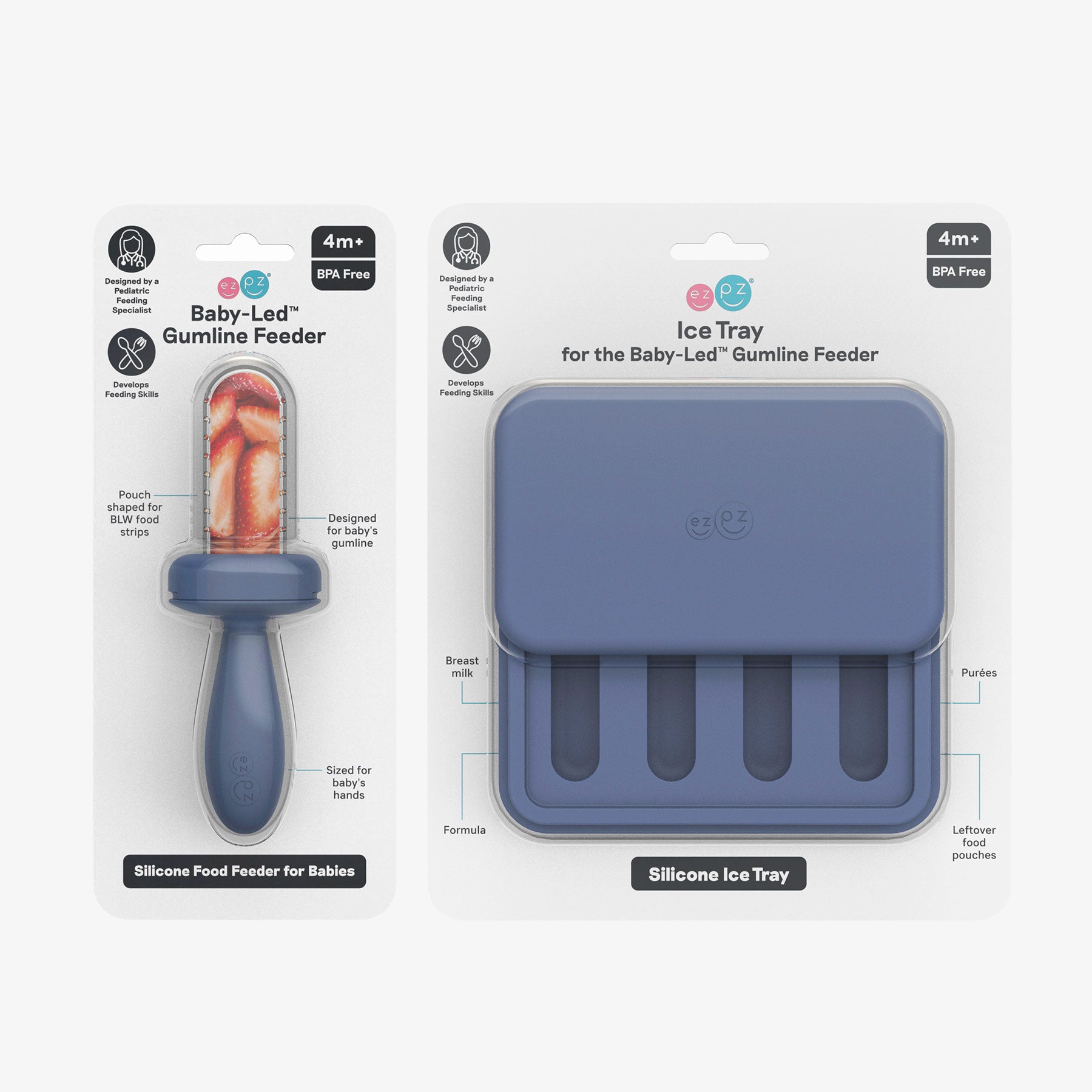 ezpz BLW Readiness Bundle in Indigo Blue, includes the Gumline Feeder and Ice Tray