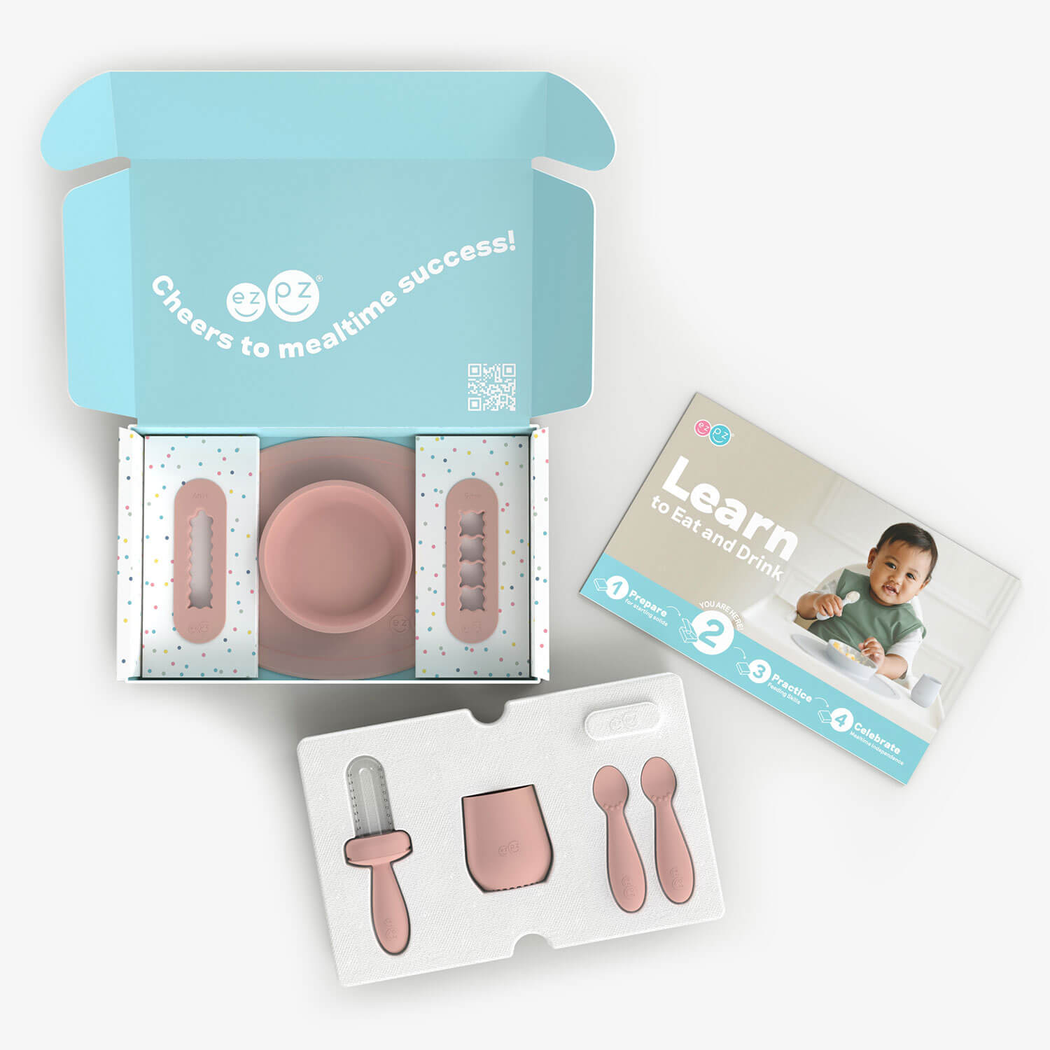ezpz Kit 2 in Blush Pink for learning to eat and drink at age 6 months and up