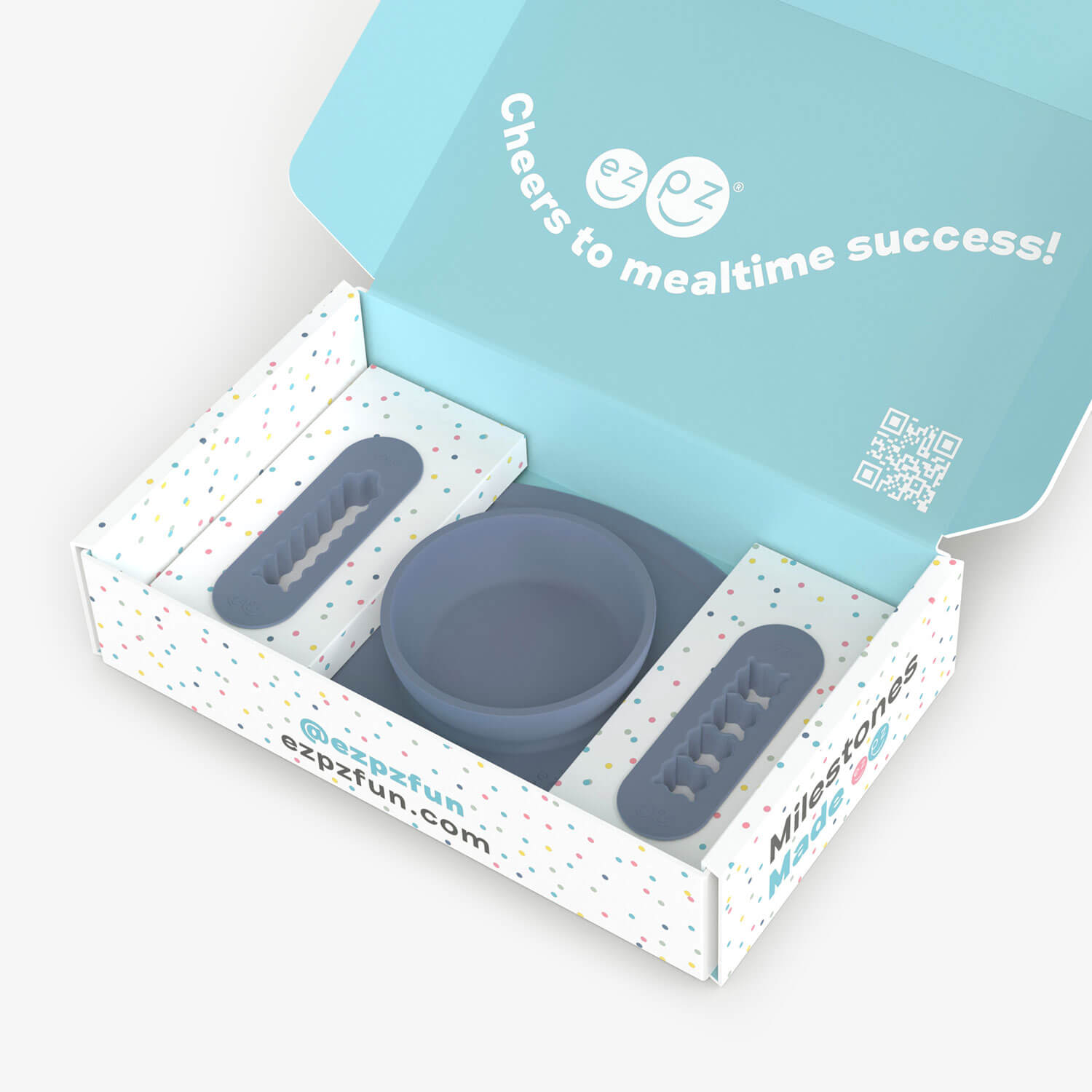 ezpz Kit 2 in Indigo Blue for learning to eat and drink at age 6 months and up