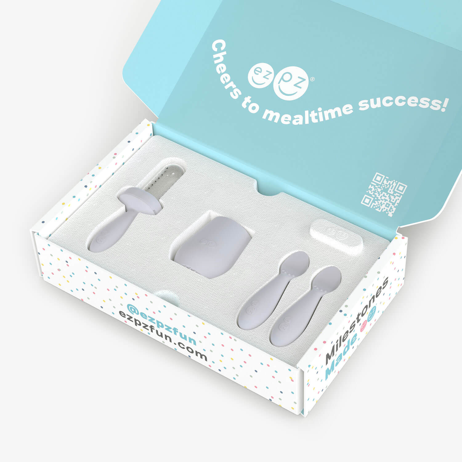 ezpz Kit 2 in Pewter Gray for learning to eat and drink at age 6 months and up
