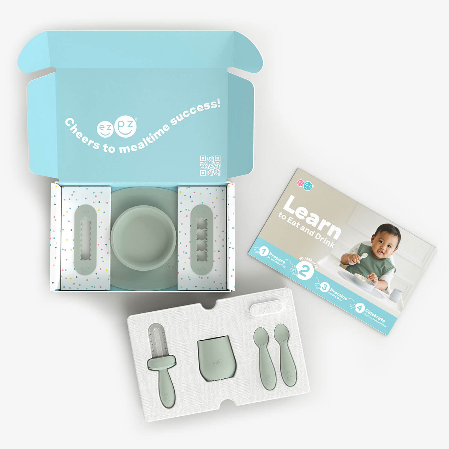 ezpz Kit 2 in Sage Green for learning to eat and drink at age 6 months and up #color_sage
