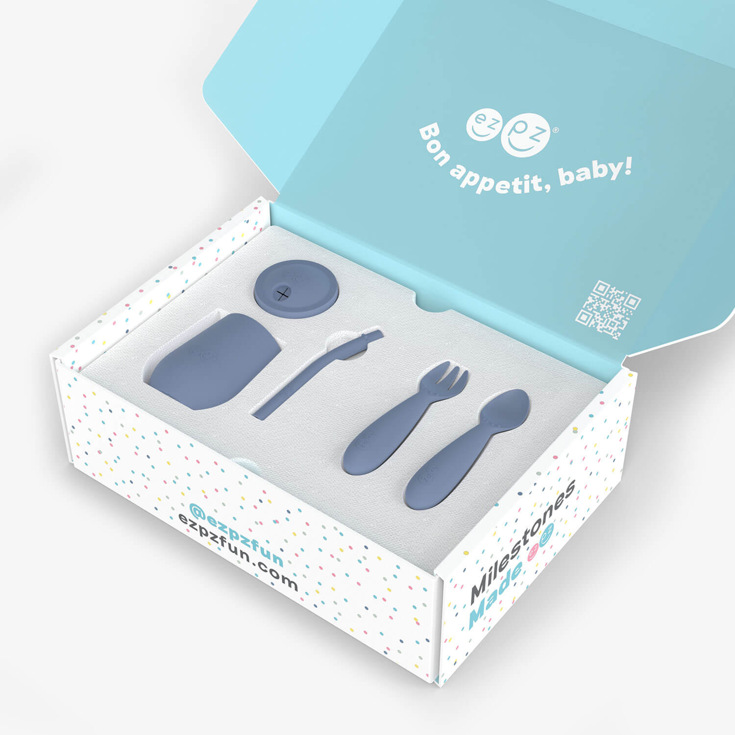 ezpz Developmental Kit Stage 3 in Indigo Blue / ezpz Mini Mat, Mini Cup + Straw Training System, and Mini Utensils