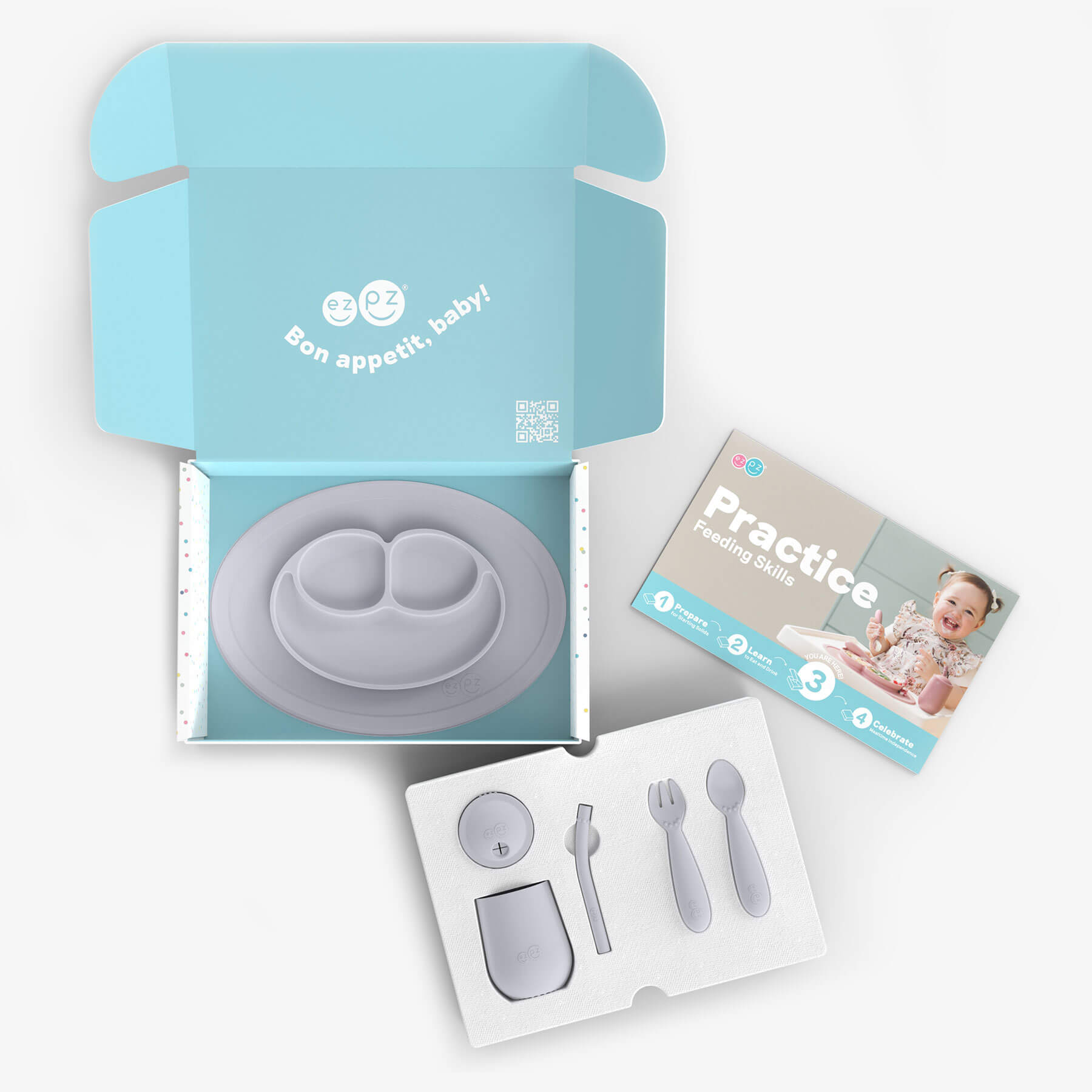 ezpz Developmental Kit Stage 3 in Pewter Gray / ezpz Mini Mat, Mini Cup + Straw Training System, and Mini Utensils