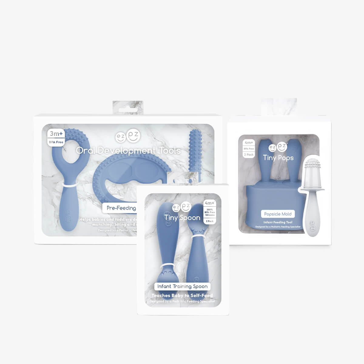 Motor Planning System in Indigo Blue by ezpz / The Motor Planning System includes the Oral Development Tools, Tiny Pops and Tiny Spoons
