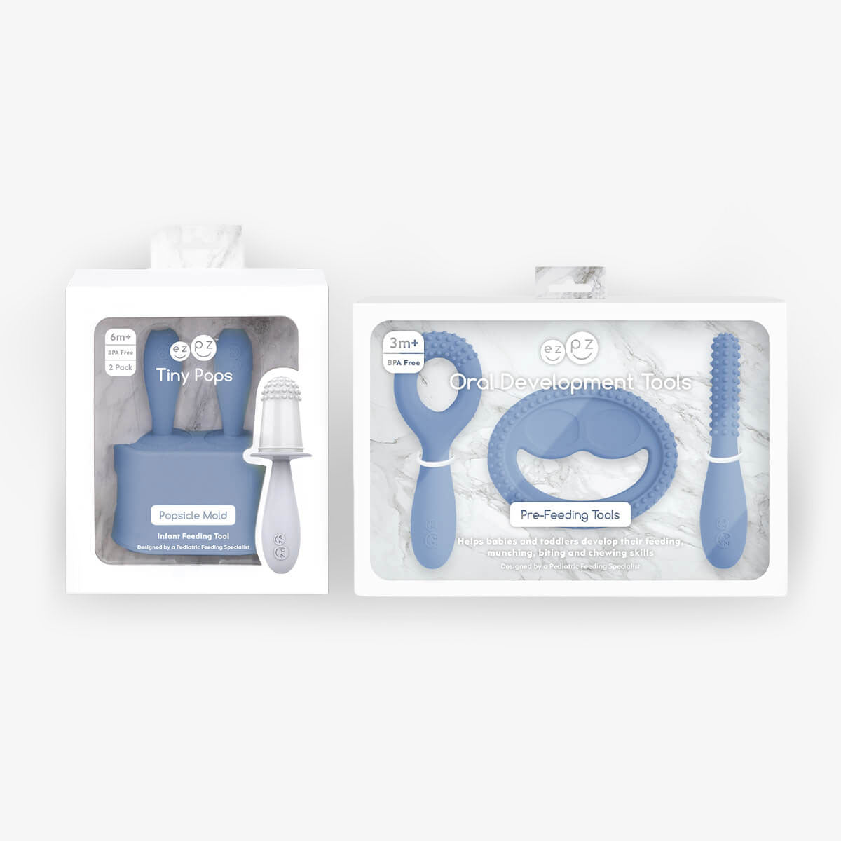Pre-feeding set by ezpz in indigo blue includes the tiny pops (popsicle molds) and oral development tools (silicone teethers)