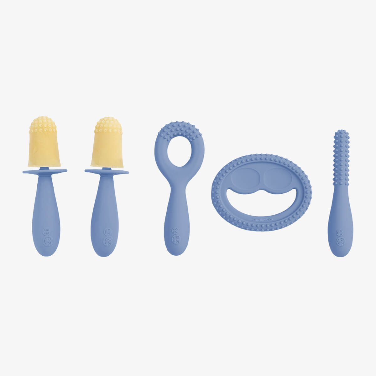 Pre-feeding set by ezpz in indigo blue includes the tiny pops (popsicle molds) and oral development tools (silicone teethers)