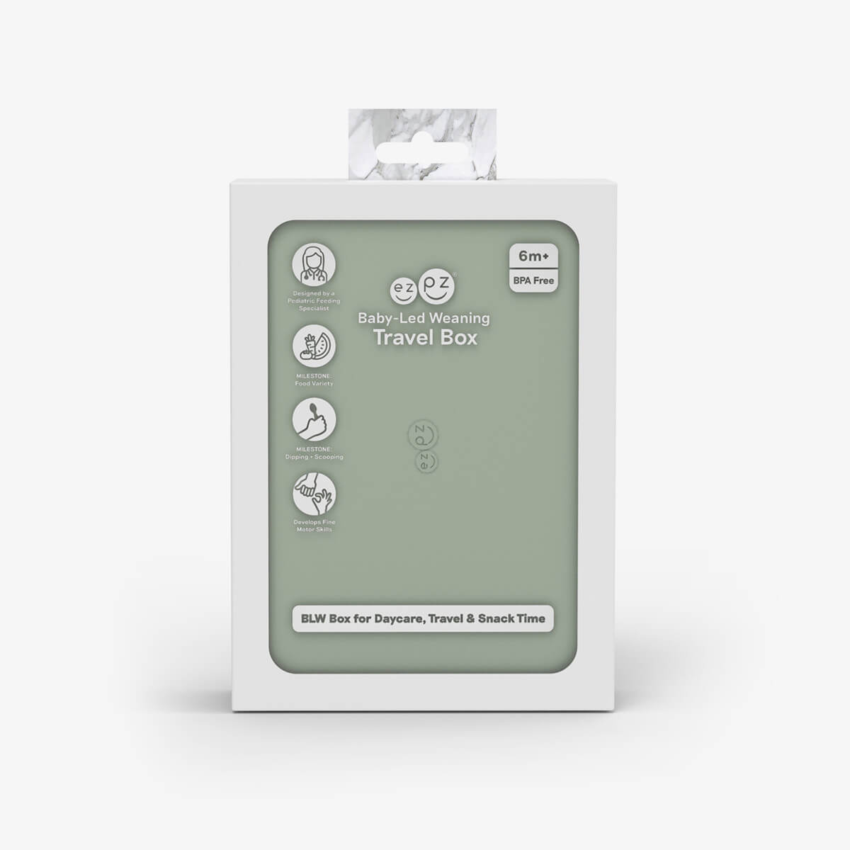 ezpz travel box in sage green is an all-in-one feeding + storage system that helps families pack, transport, and serve baby’s meals when away from home #color_sage