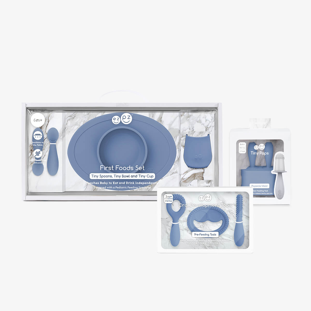 Ultimate Baby Shower Bundle in Indigo Blue / ezpz First Foods Set, Tiny Pops and Oral Development Tools