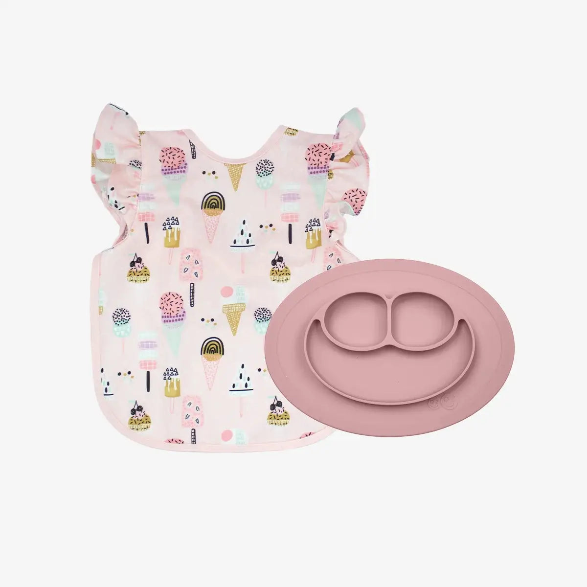 The Mini Mat + Bapron Bundle by ezpz / Blush + Ice Cream Flutter / Unique Baby Shower Gift Idea