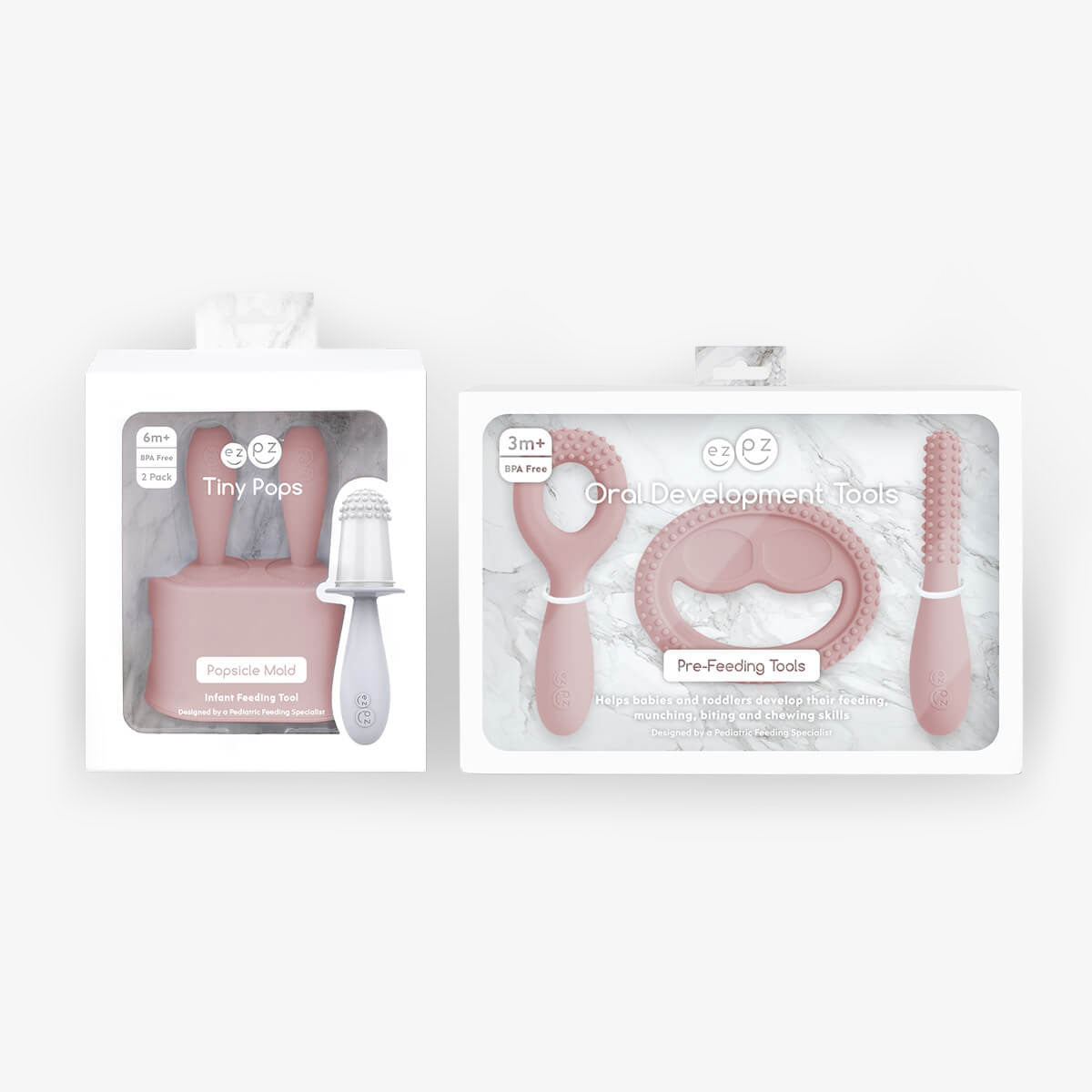 Pre-feeding set by ezpz in blush pink includes the tiny pops and oral development tools (silicone teethers)