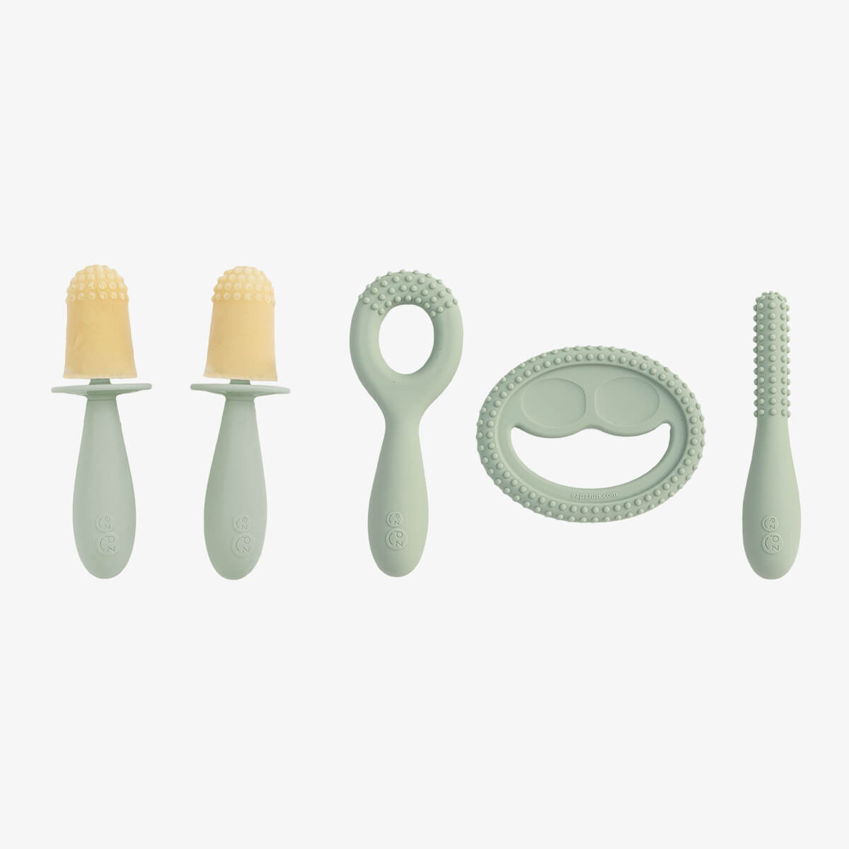 Pre-feeding set by ezpz in sage green includes the tiny pops and oral development tools (silicone teethers) #color_sage