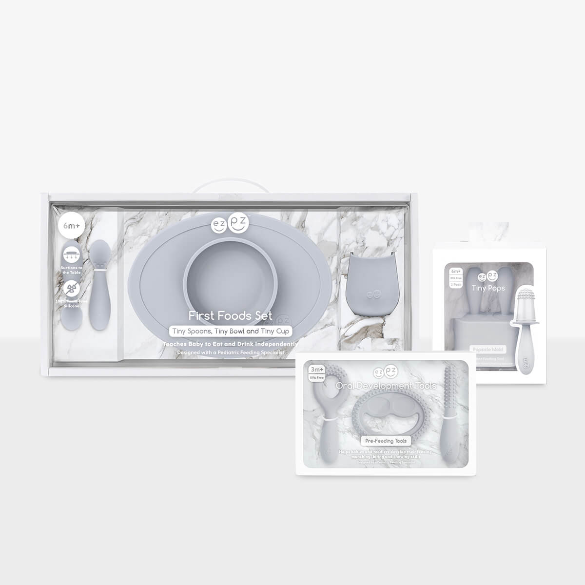 Ultimate Baby Shower Bundle in Pewter Gray / ezpz First Foods Set, Tiny Pops and Oral Development Tools