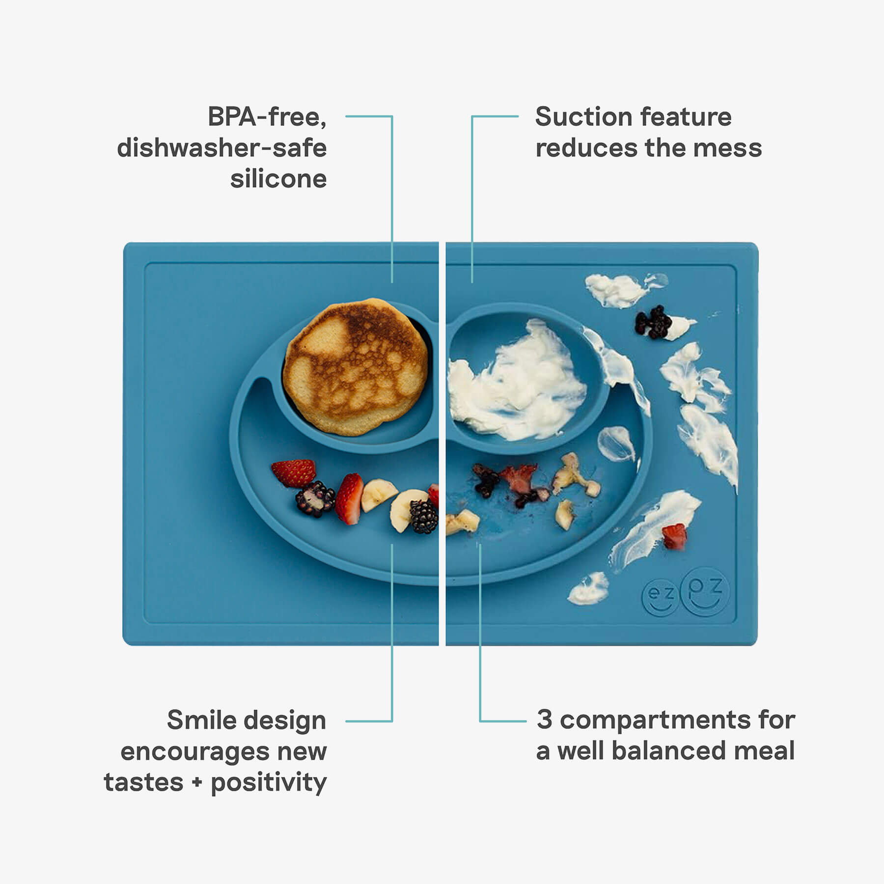 Happy Mat in Blue by ezpz / The Original All-In-One Silicone Plates & Placemats that Stick to the Table