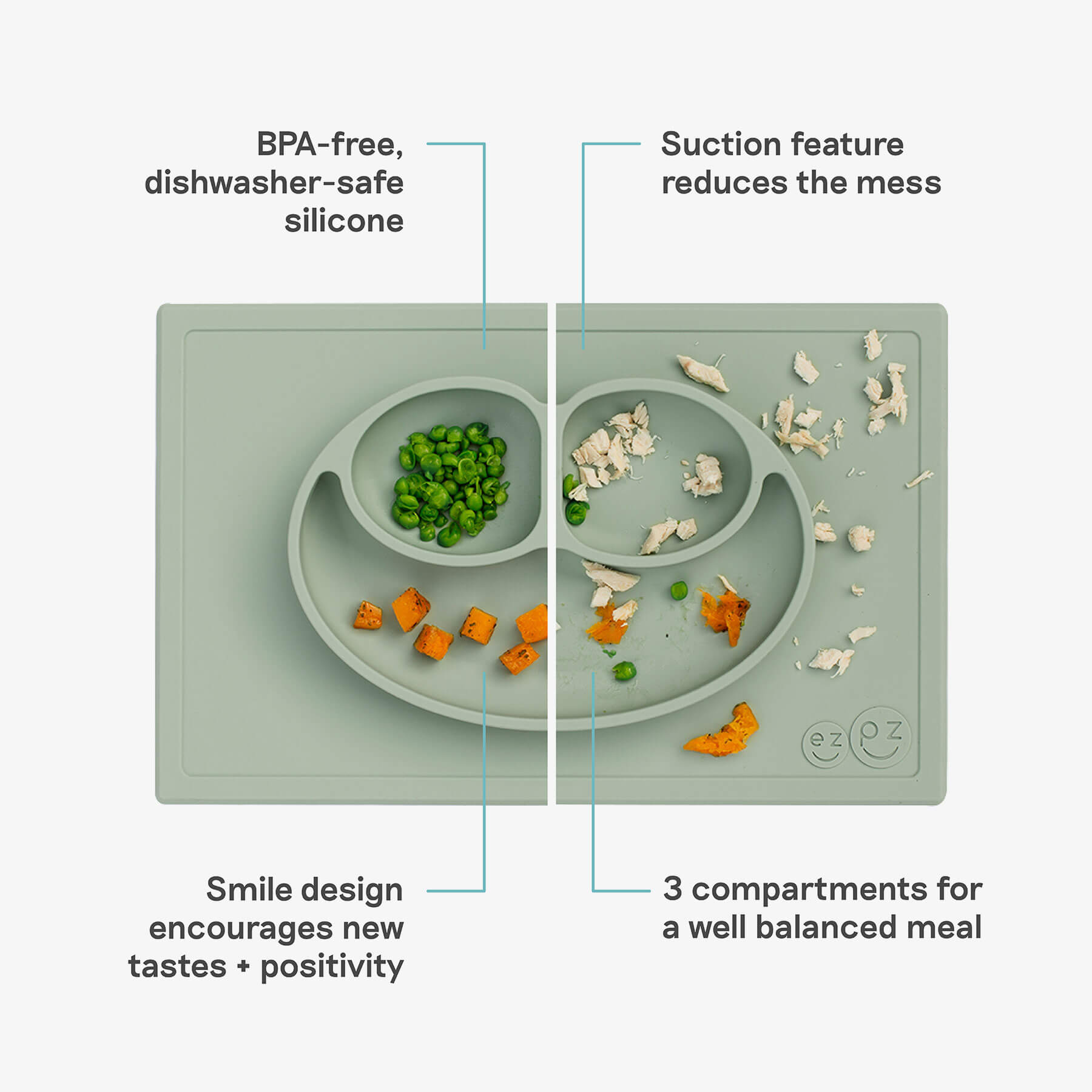 Happy Mat in Sage by ezpz / The Original All-In-One Silicone Plates & Placemats that Stick to the Table