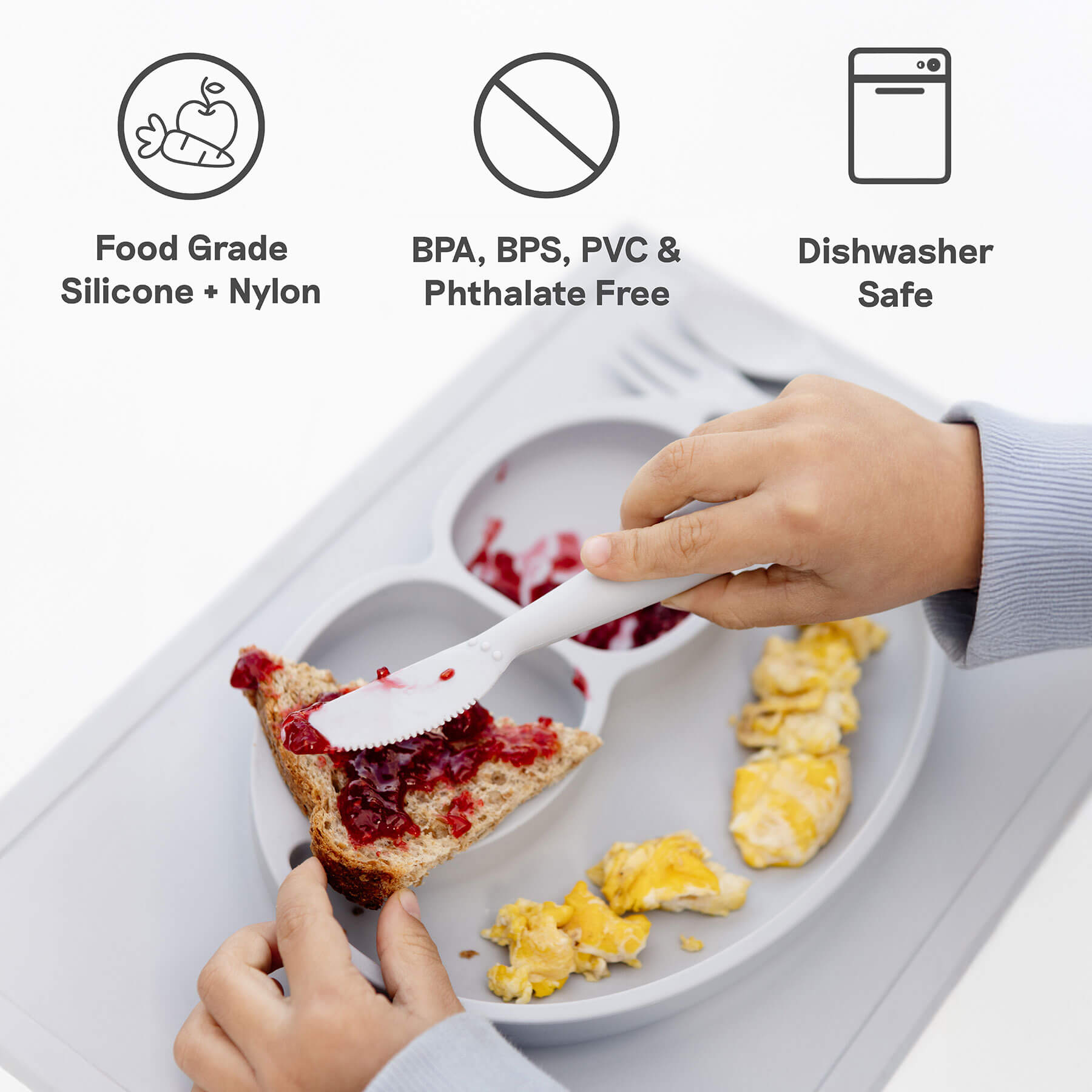 ezpz Happy Utensils are made of food grade silicone and nylon, are BPA, BPS, PVC and phthalate free, and dishwasher safe