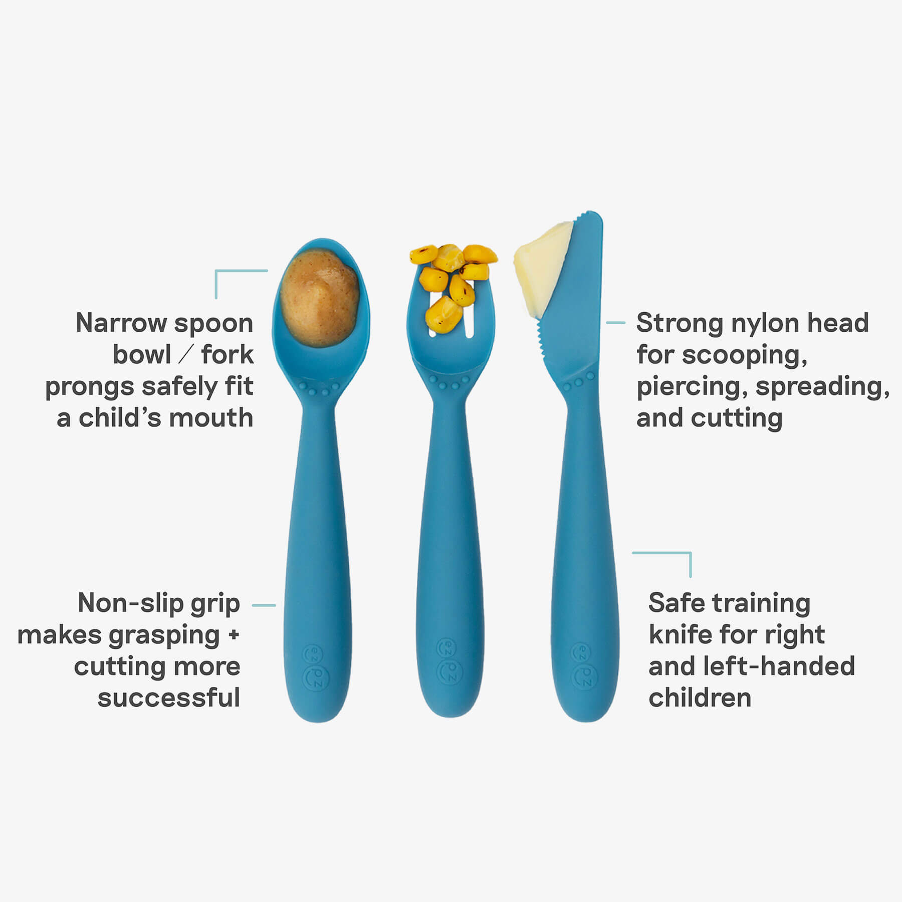 Happy Utensils in Blue by ezpz / Silicone Spoon, Fork and Knife Set for Kids