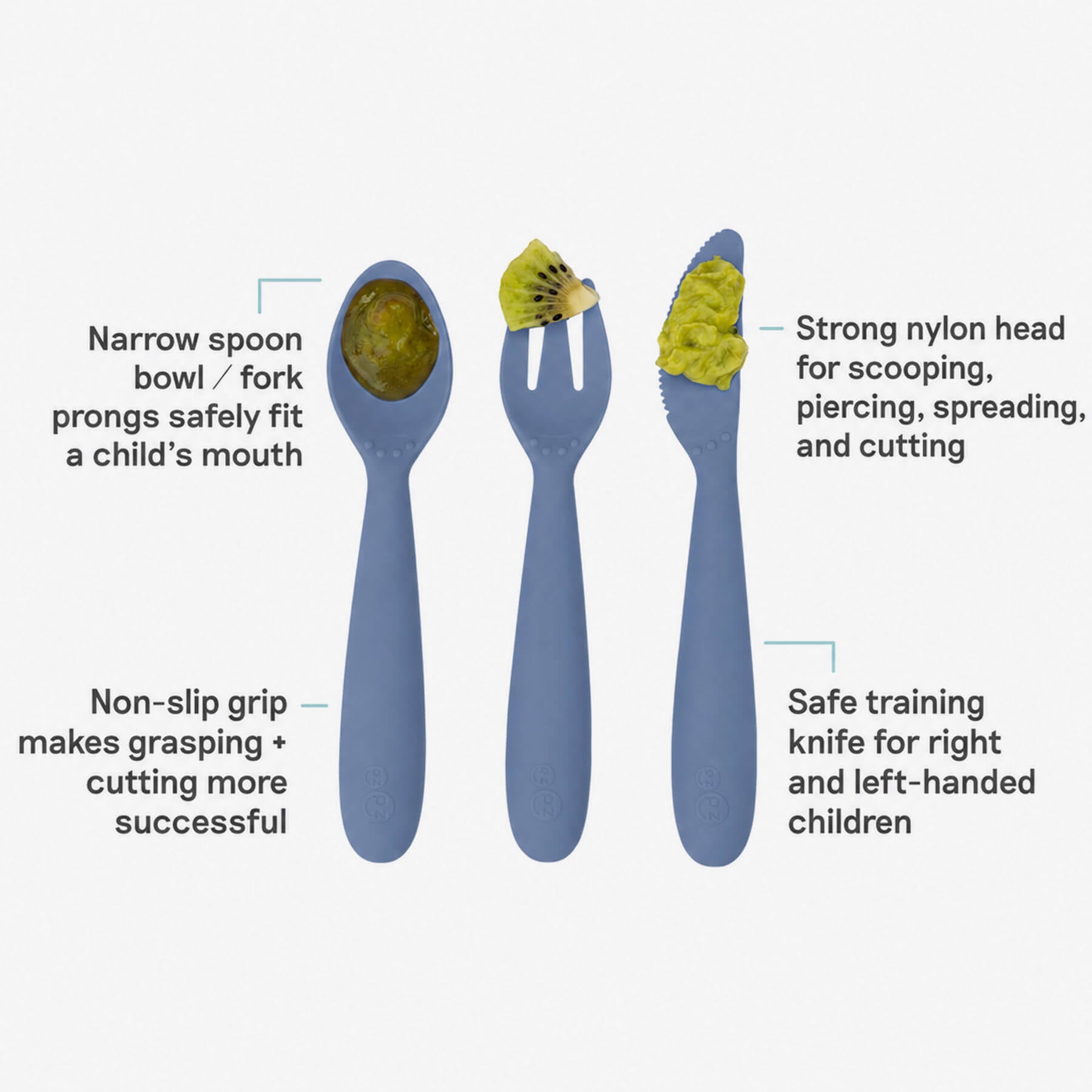 Happy Utensils in Indigo Blue by ezpz / Silicone Spoon, Fork and Knife Set for Kids