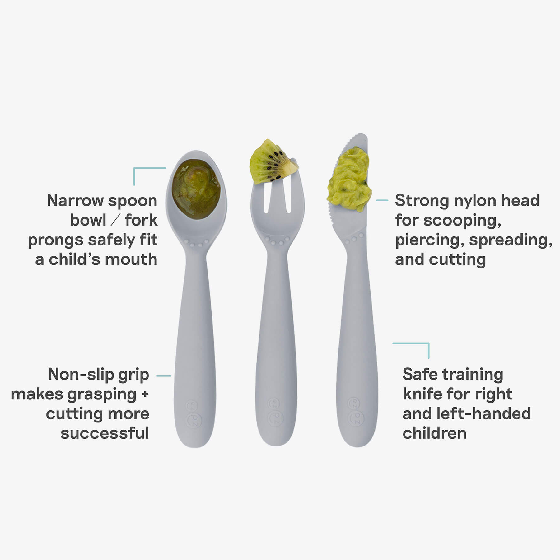 Happy Utensils in Pewter by ezpz / Silicone Spoon, Fork and Knife Set for Kids