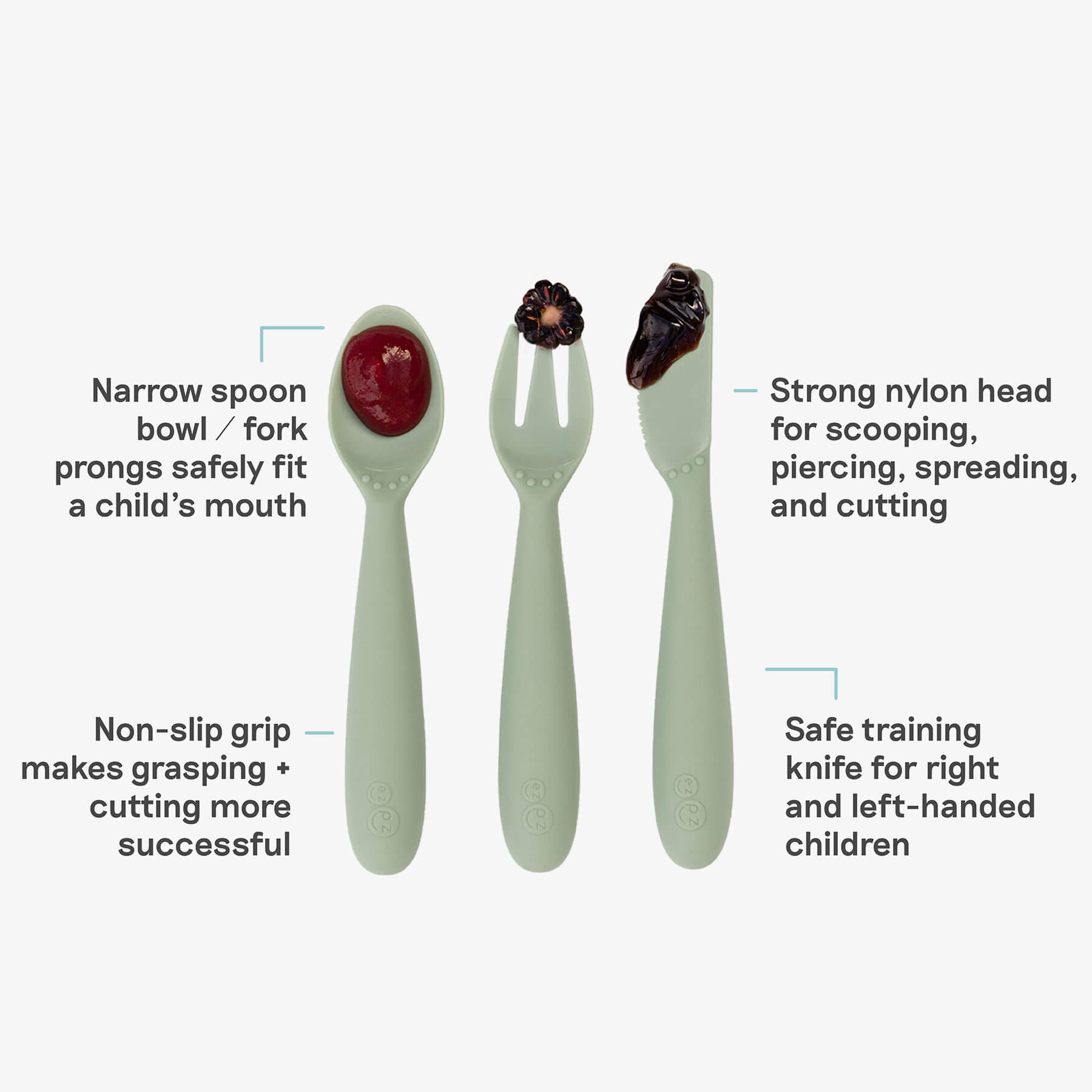Happy Utensils in Sage by ezpz / Silicone Spoon, Fork and Knife Set for Kids #color_sage
